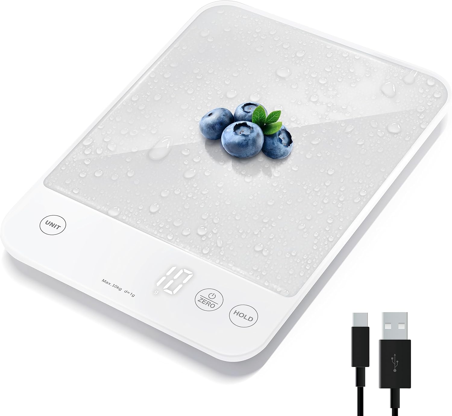 Etekcity 22lb Food Kitchen Scale, USB Rechargeable, IPX6 Waterproof | Digital scale with grams & ounces, 1g precision, 5 weight units, tare, ideal for baking and meal prep, White