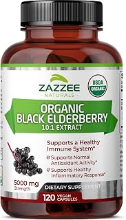 Zazzee USDA Organic Black Elderberry 10:1 Extract, 5000 mg Strength, 120 Vegan Capsules, 2 Month Supply, Standardized, Concentrated 10X Extract, 100% Vegetarian, All-Natural, Non-GMO, Made in The USA