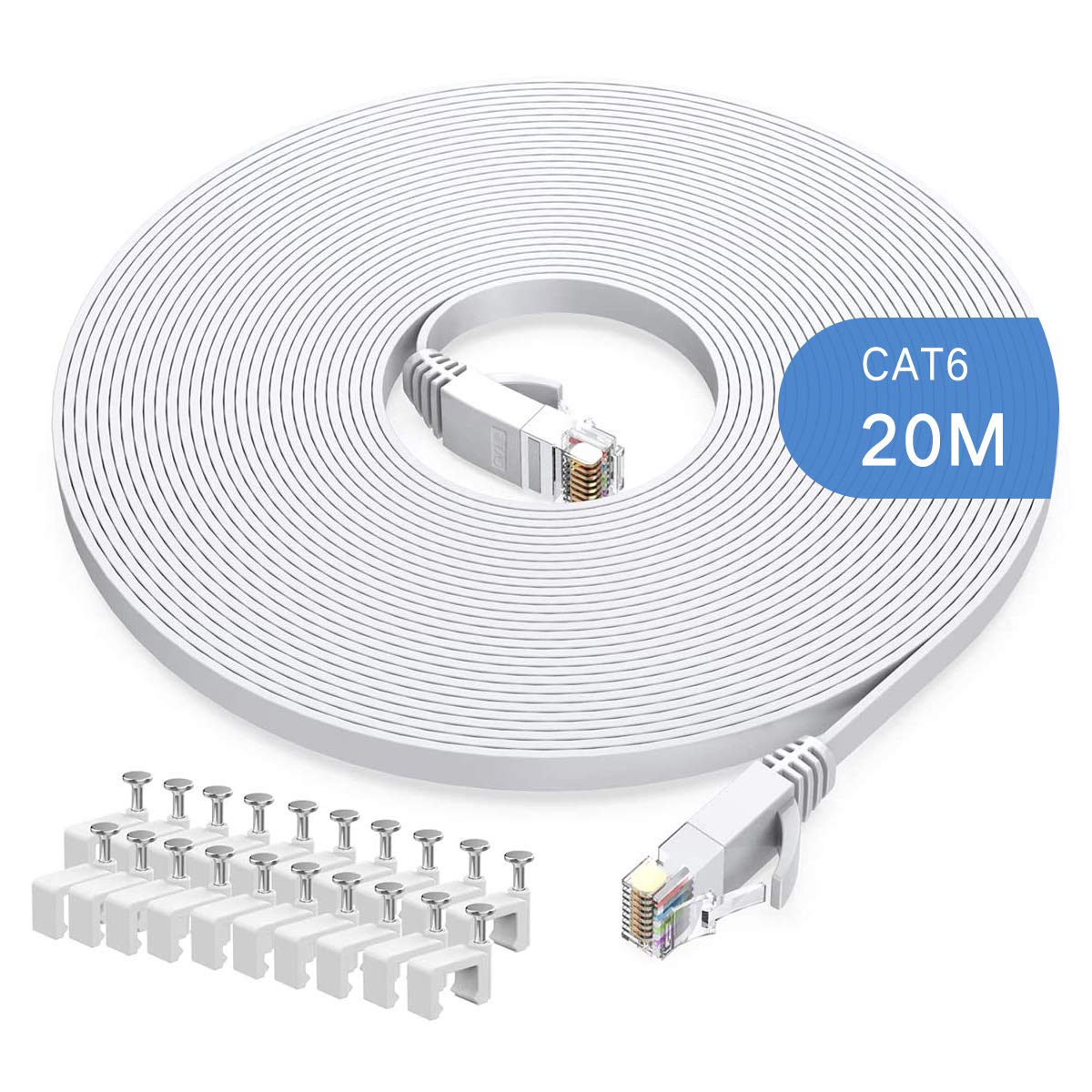 Gulaey 20m Cat6 Ethernet Cable, Long Internet Cables High-Speed Patch Cord Flat Design 1Gbps for 250Mhz/s UTP for Console, PS3, PS4, PS5, Switch, Router, Modem, Patch Panel, PC, TV, Home Office