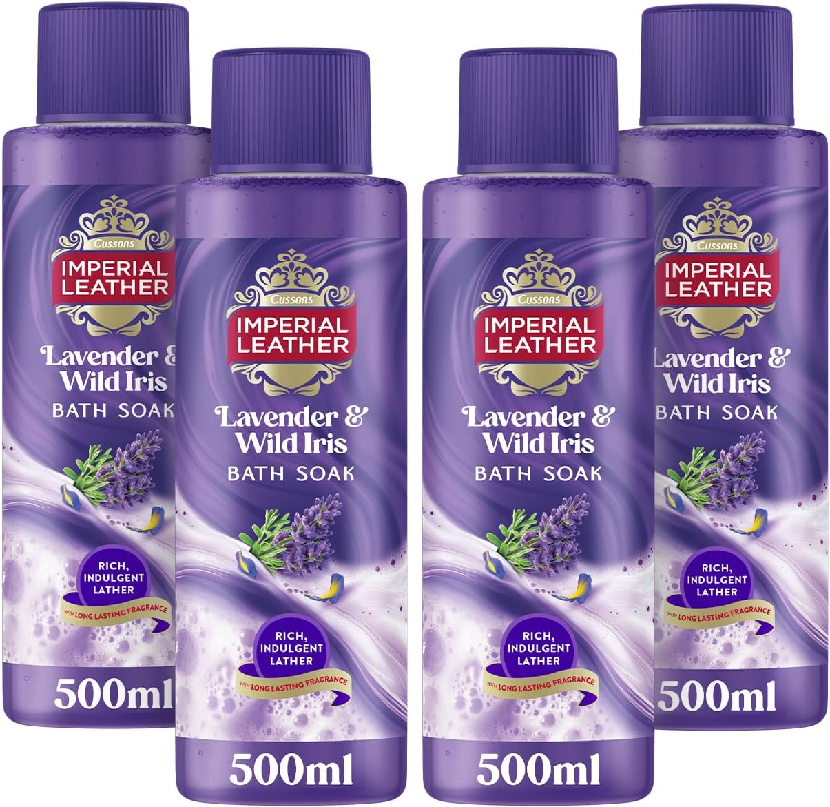 Imperial Leather Relaxing Lavender & Wild Iris Bath Soak, Rich Indulgent Lather & Long Lasting Luxury Fragrance, Vegan & Cruelty Free 4 x 500ml
