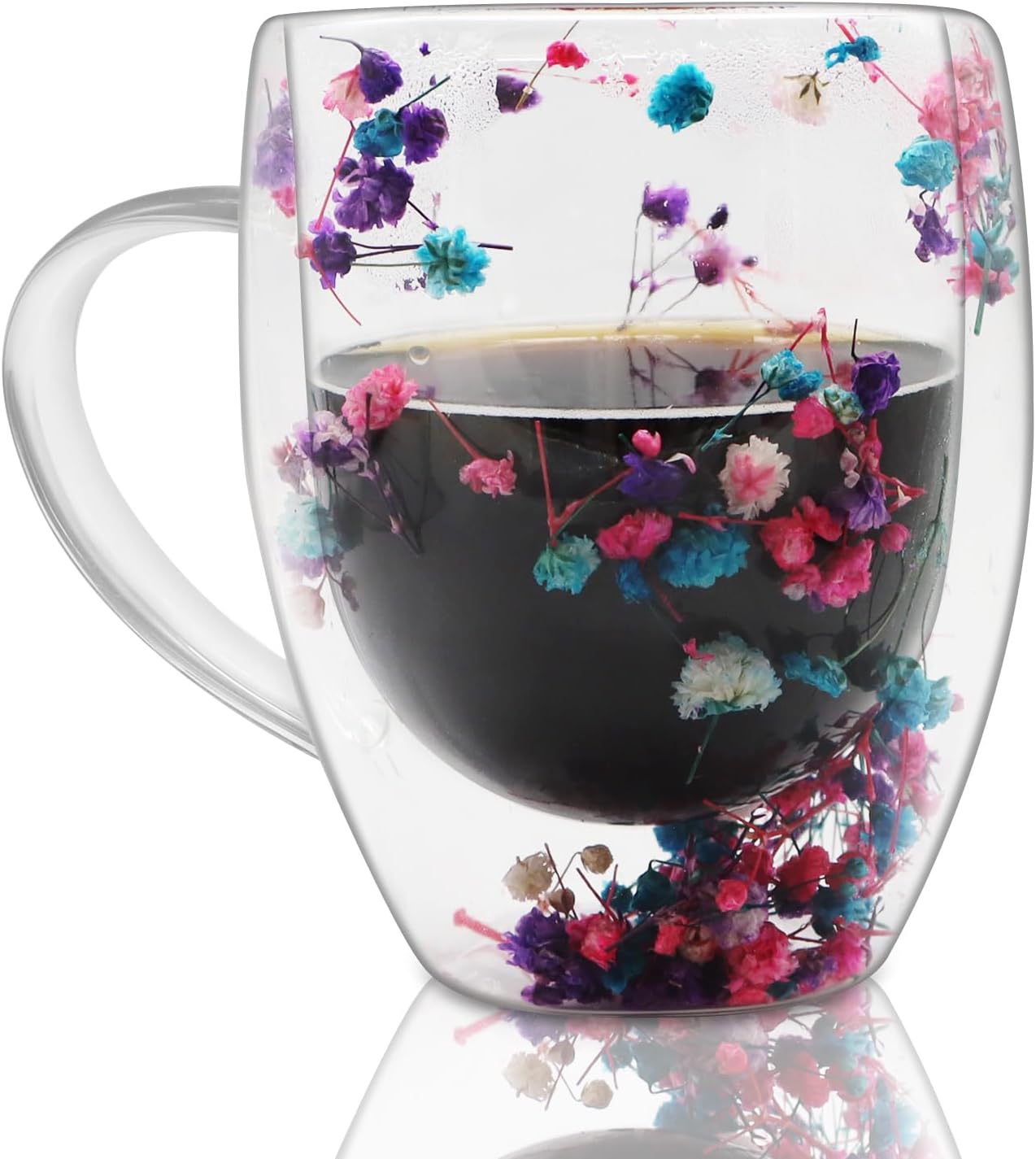 Iceten Dry Flowers Double Walled Glass Coffee Mugs -Creative Clear Glass Cups with Handle, Insulated Heat Resistant Glasses for Hot and Cold Beverages, Gifts for Women(350ml/11.8oz)