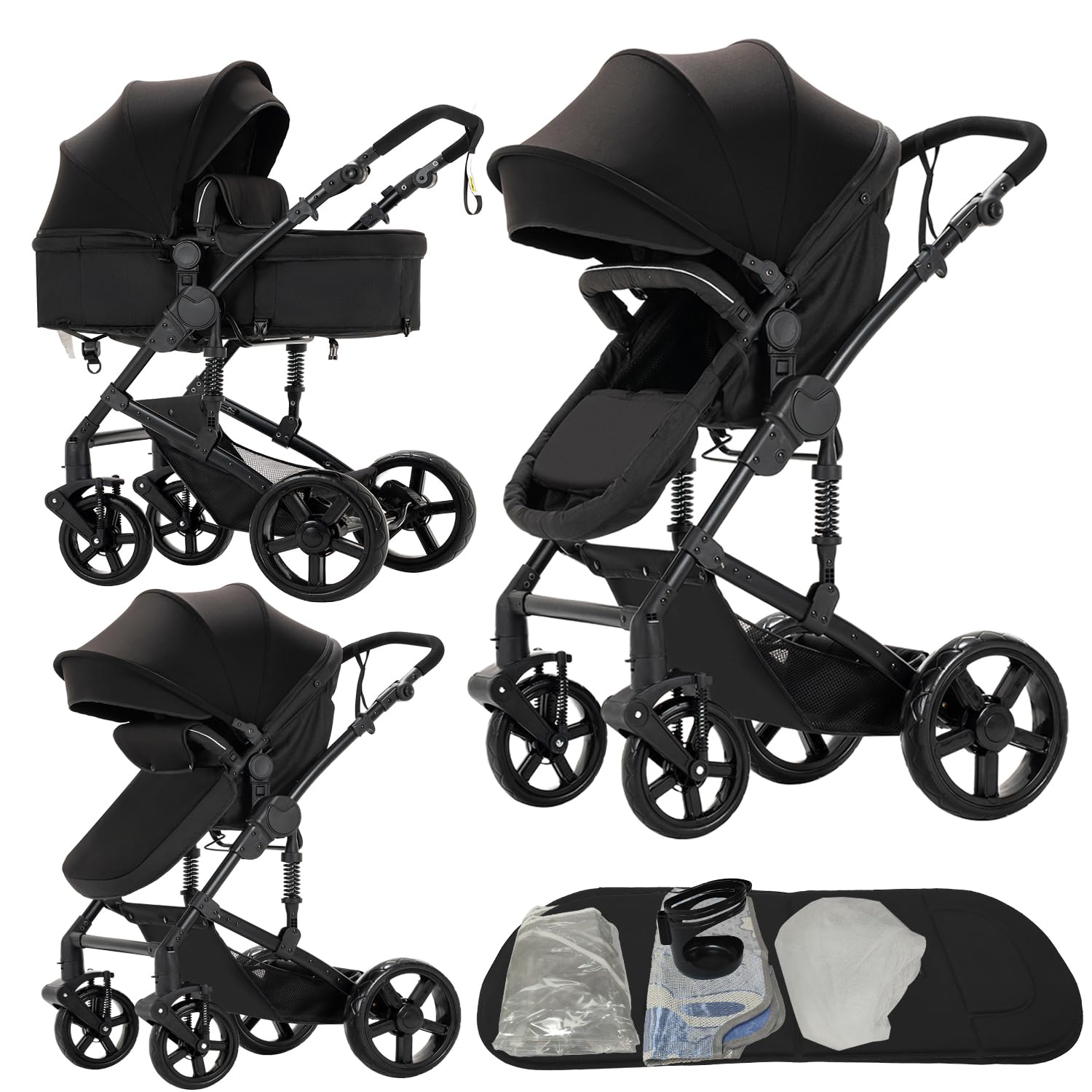 2 in 1 Baby Stroller, Convertible Foldable Standard Stroller, Reversible Pushchair Infant Buggy Carriage, Portable High Landscape Pram for Toddler Newborn, Aluminum Alloy (2US588-BLACK)