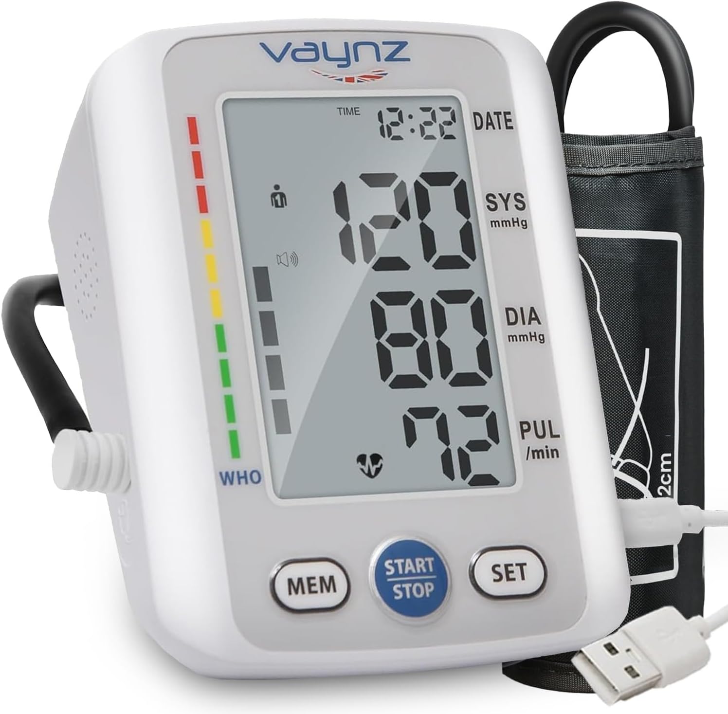 VAYNZ Blood Pressure Monitors CE Approved UK - Smart Voice Upper Arm Automatic Electronic Blood Pressure Machine for Home use 22-42cm Large Cuff Blood-Pressure Monitor 2x99 Memory Storage - White