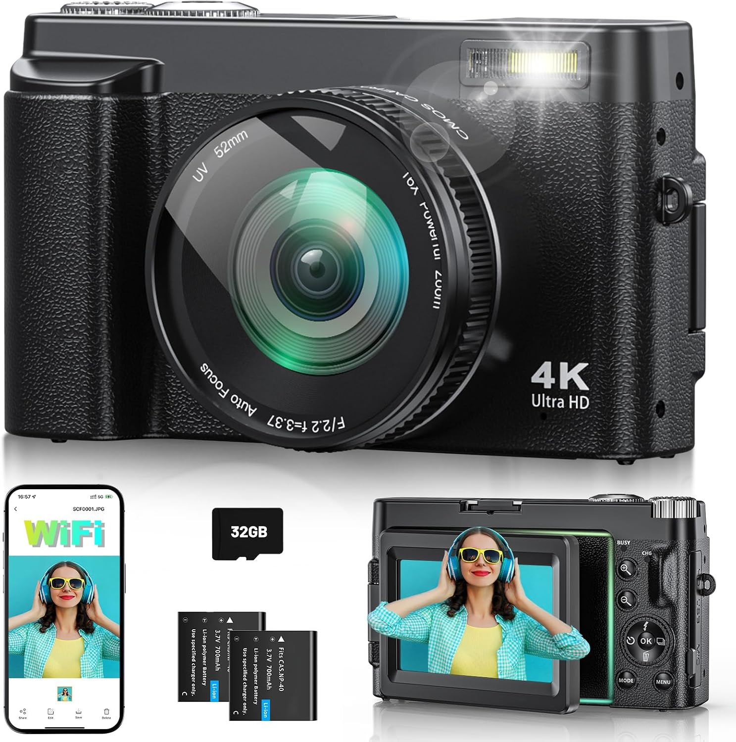 4K 64MP Digital Camera with WiFi, 180° Flip Screen, 16X Digital Zoom, Vlogging Camera for YouTube with Flash, Compact Camera with 32GB SD Card, 2 Batteries