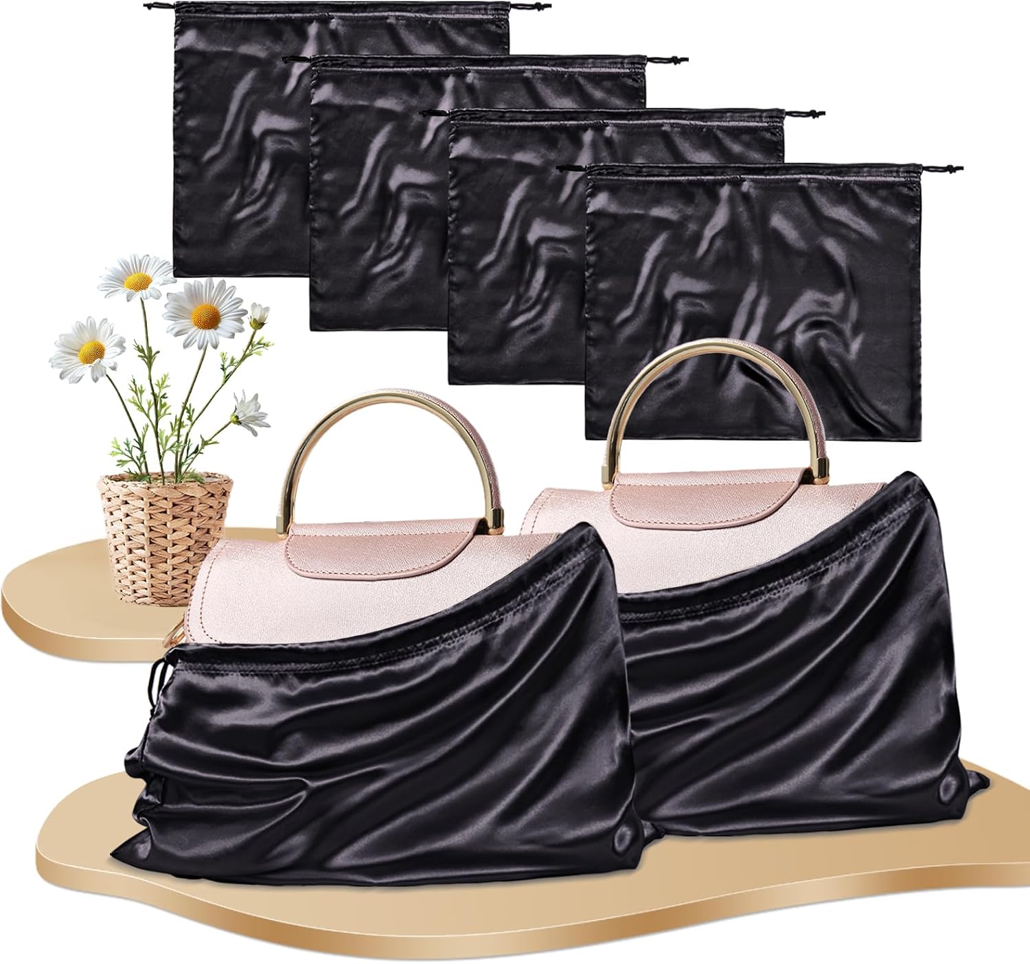 RUDONG M Satin Dust Bags for Handbag, Black, 4 Pack | Silky Dust Cover, Drawstring, For Storage & Travel, For Purse Clothes Shoes