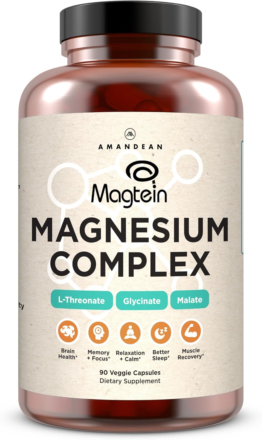 AMANDEAN Magtein Magnesium Complex. L-Threonate, Glycinate, Malate Triple Blend Chelated. No Magnesium Oxide. 90 Veggie Capsules. 30-Day Supply. Sleep, Brain Health & Stress Relief for Women & Men.