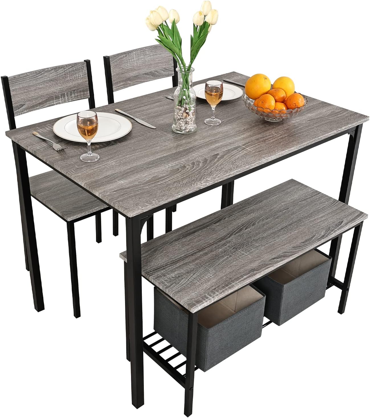 PULUOMIS Dining Table and 2 Chairs with Bench, Breakfast Dining Table and Chairs Set 4 Piece Dining Room Set, Modern Design for Kitchen Home Bistro Patio Garden, Grey