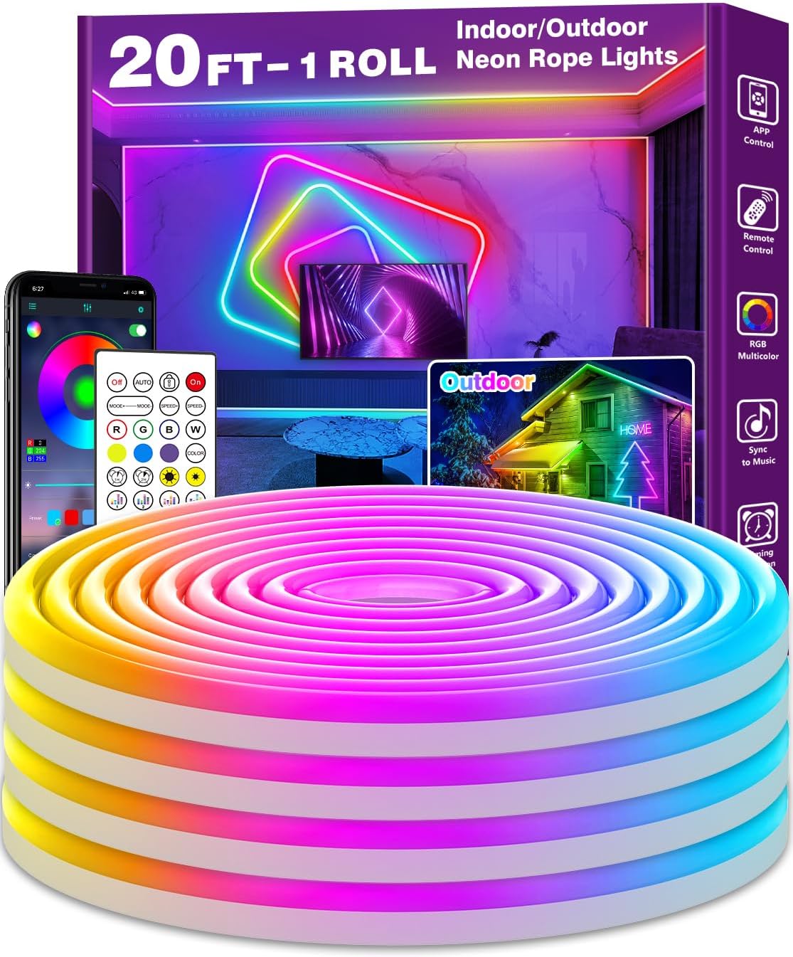 AILBTON 20Ft Neon Rope Lights,Flexible Led Rope Lights Control with App/Remote,Multiple Modes Rope Lights,IP65 Outdoor RGB Led Neon Lights,Music Sync Gaming Led Neons Light Strip for Bedroom Decor