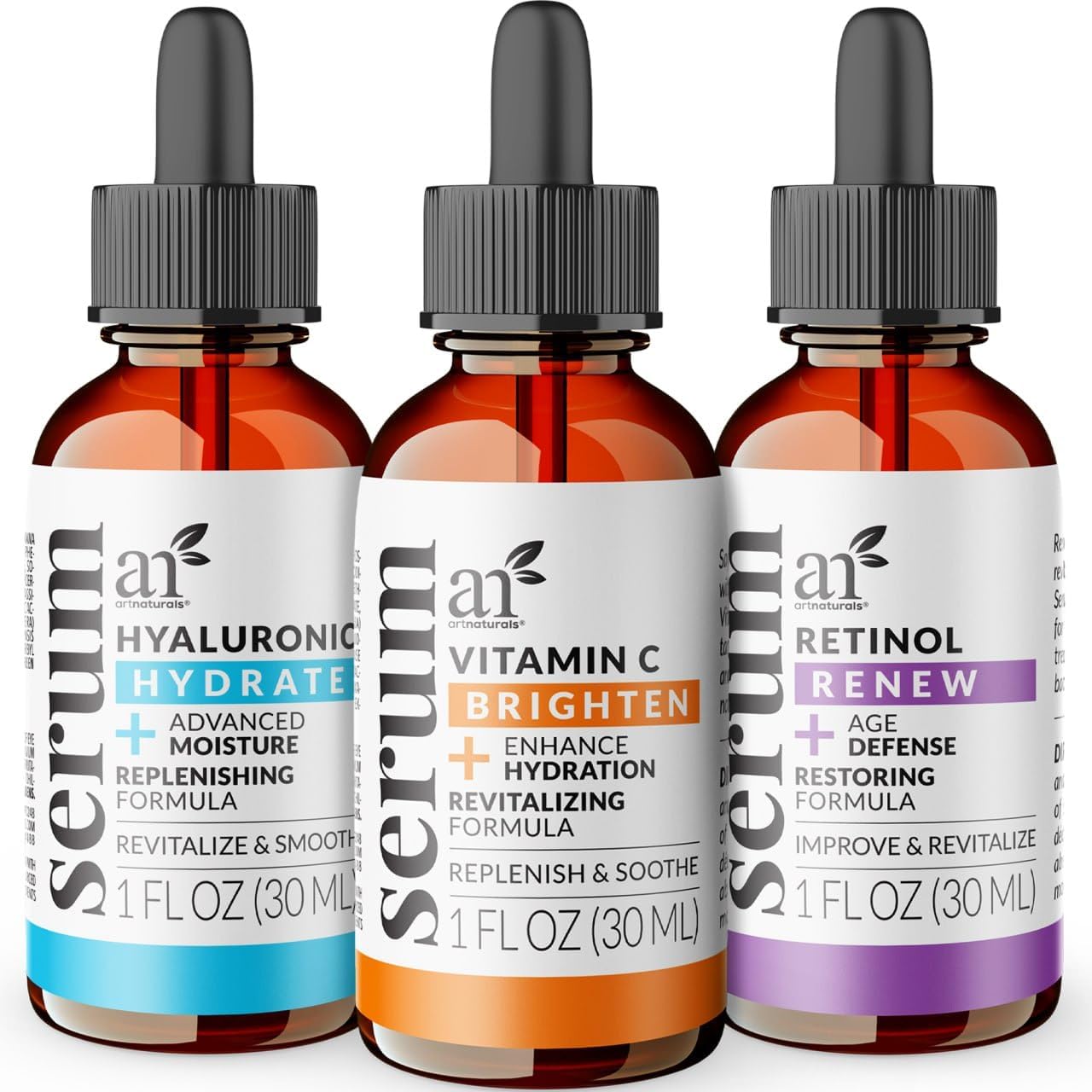 ArtNaturals Anti-Aging-Set with Vitamin-C Retinol and Hyaluronic-Acid - (3 x 1 Fl Oz / 30ml) - Wrinkle Remover Face Serum for Age and Dark Spot Corrector – All Natural and Moisturizing Facial Oils