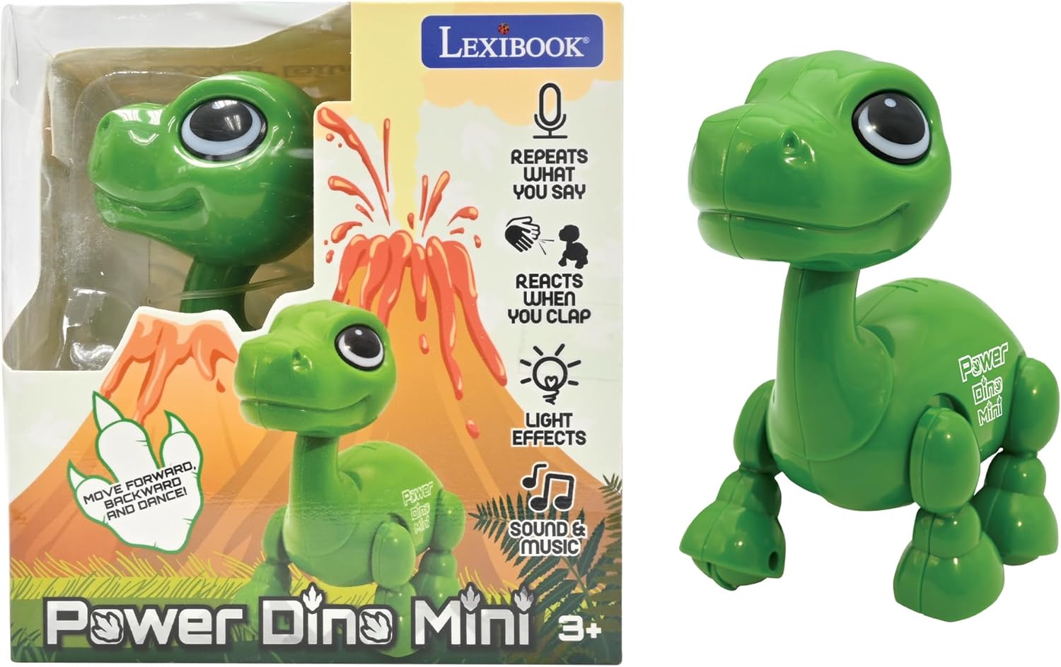 Lexibook, Power Dino Mini, My Little Dinosaur Robot, Dinosaur Robot with Sounds, Music, Light Effects, Voice Repeat and Sound Reaction, Toy for Boys and Girls, ROB02DINO, Green