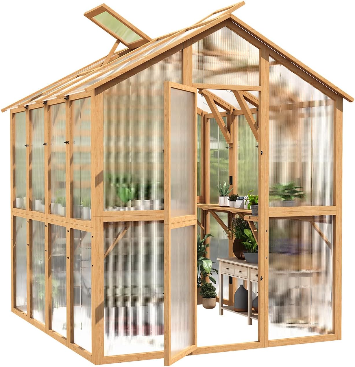 U-MAX 6x7 FT Wood Greenhouse for Outdoors, Walk-in Green House Kit with Adjustable Roof Vent & Built-in Stand, Reinforced Wooden Frame Polycarbonate Panel Greenhouse for Outside, Backyard, Patio