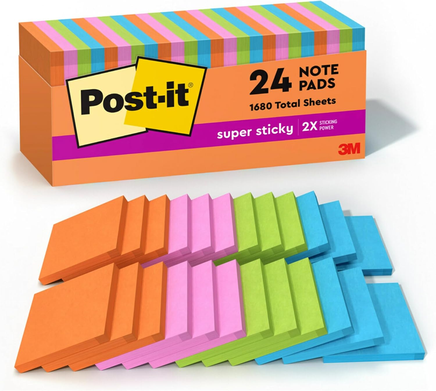 Post-it Super Sticky Notes, 3x3 in, 24 Pads, 2x the Sticking Power,Energy Boost Collection, Bright Colors (Orange, Pink, Blue, Green), Recyclable