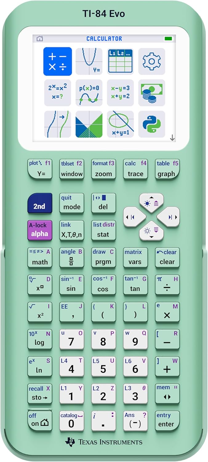 TI-84 Evo Graphing Calculator Texas Instruments, Mint – USB-C Charging, Python Programming, Faster Performance and Bigger Graphs Than TI-84 Plus CE