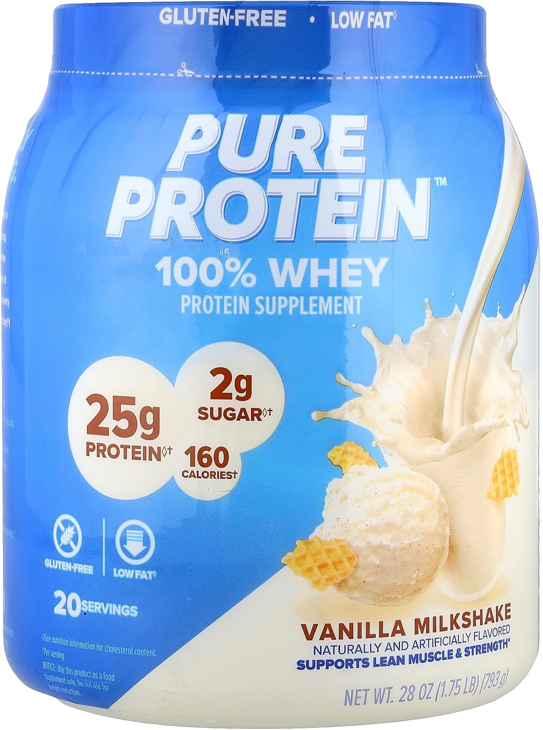 Pure Protein Powder, Whey, High Protein, Low Sugar, Gluten Free, Vanilla Cream, 1.75 lbs