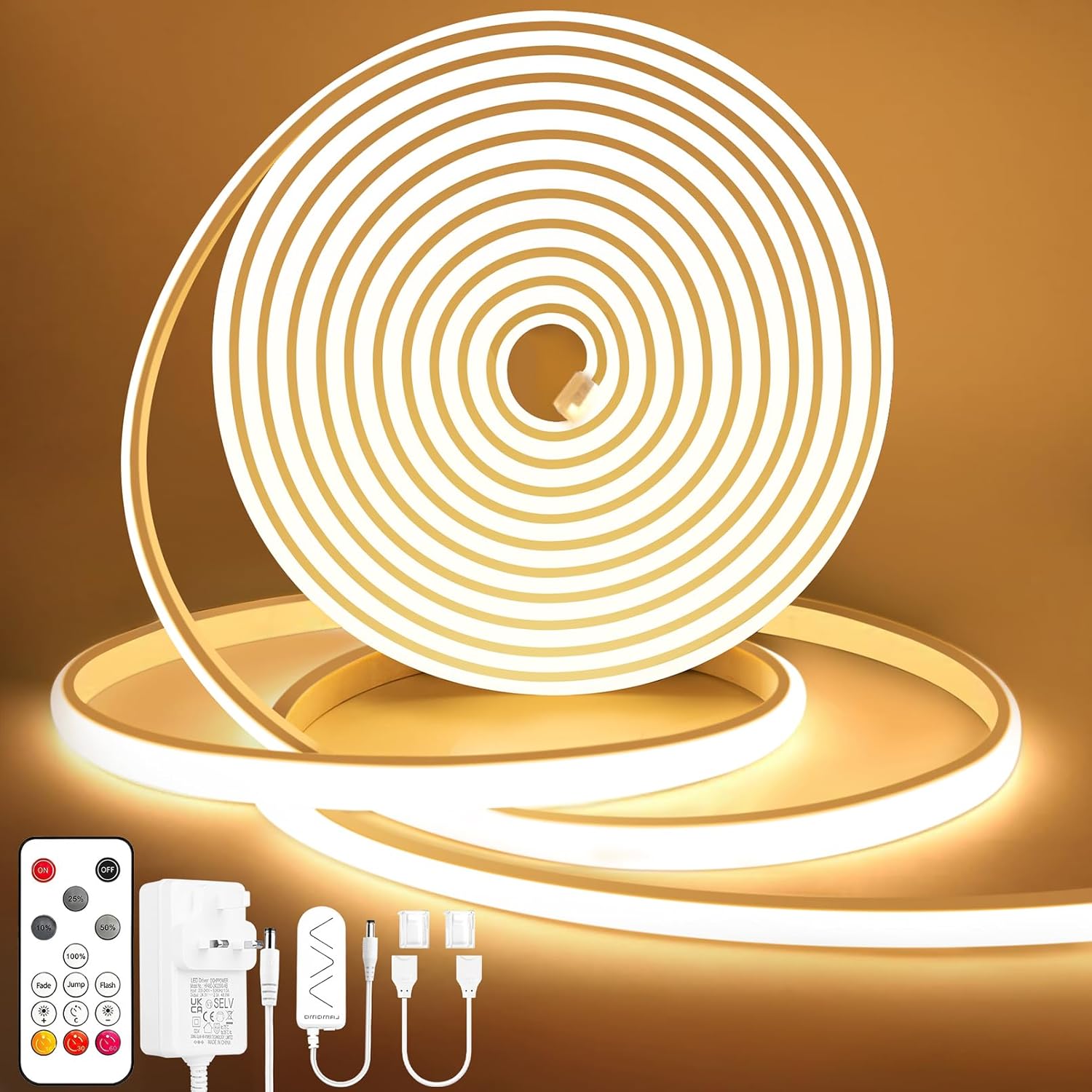Lamomo COB LED Strip Light, 5M Warm White Dimmable Led Lights Strip with Remote, Flexible Waterproof Silicone 3000K 24V Neon Rope Light for Bedroom, Kitchen, Outdoor,CRI90+, UKCA Power Supply