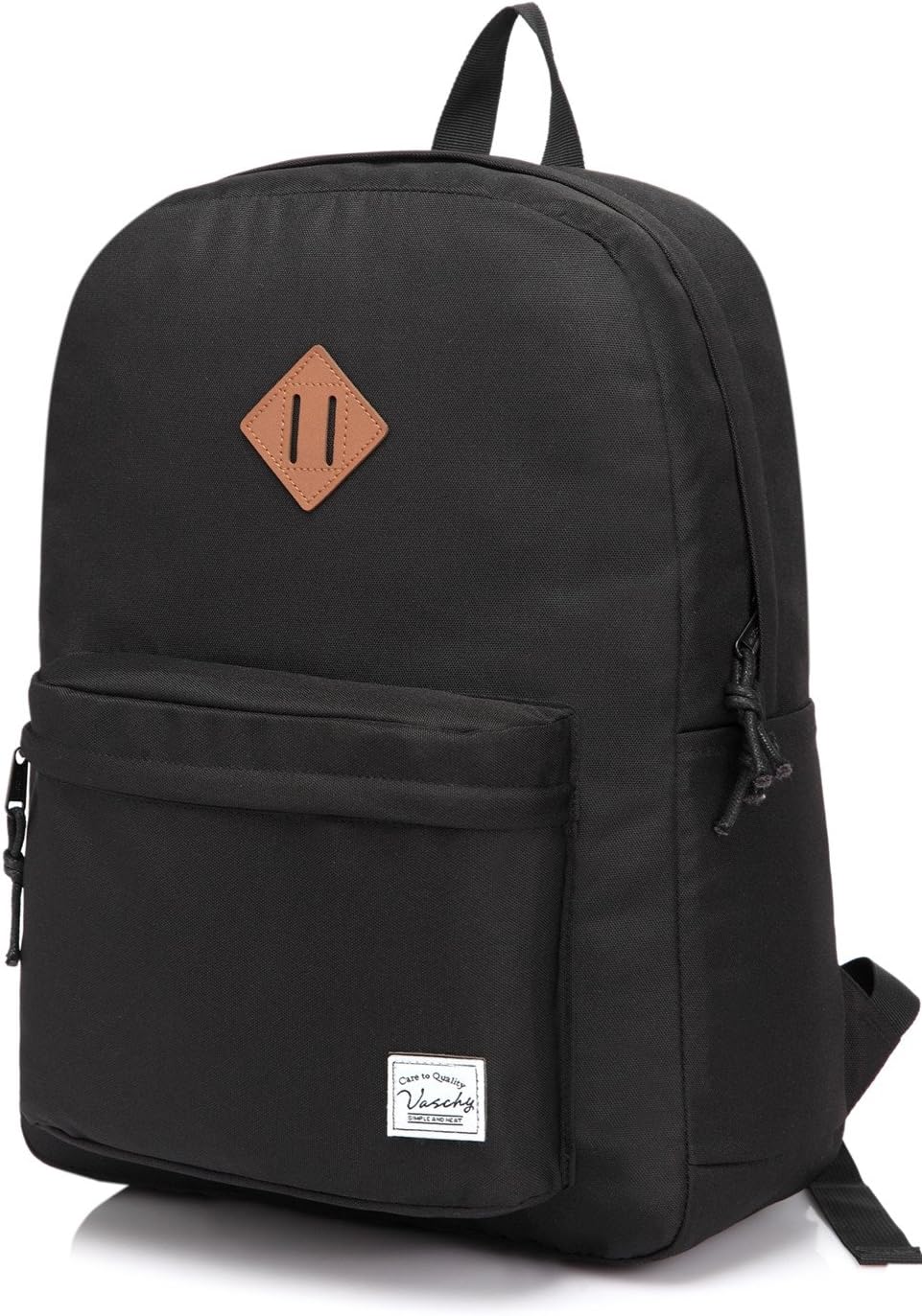 VASCHY Lightweight Backpack for School, Classic Basic Water Resistant Casual Daypack for Travel with Bottle Side Pockets (Black)
