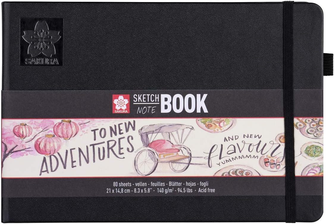 Sakura Sketchbook Black | 21 x 14,8 cm, 140 g, 80 Sheets | Hardcover Sketchbook for Pencil, Pastel, Ink, Gouache