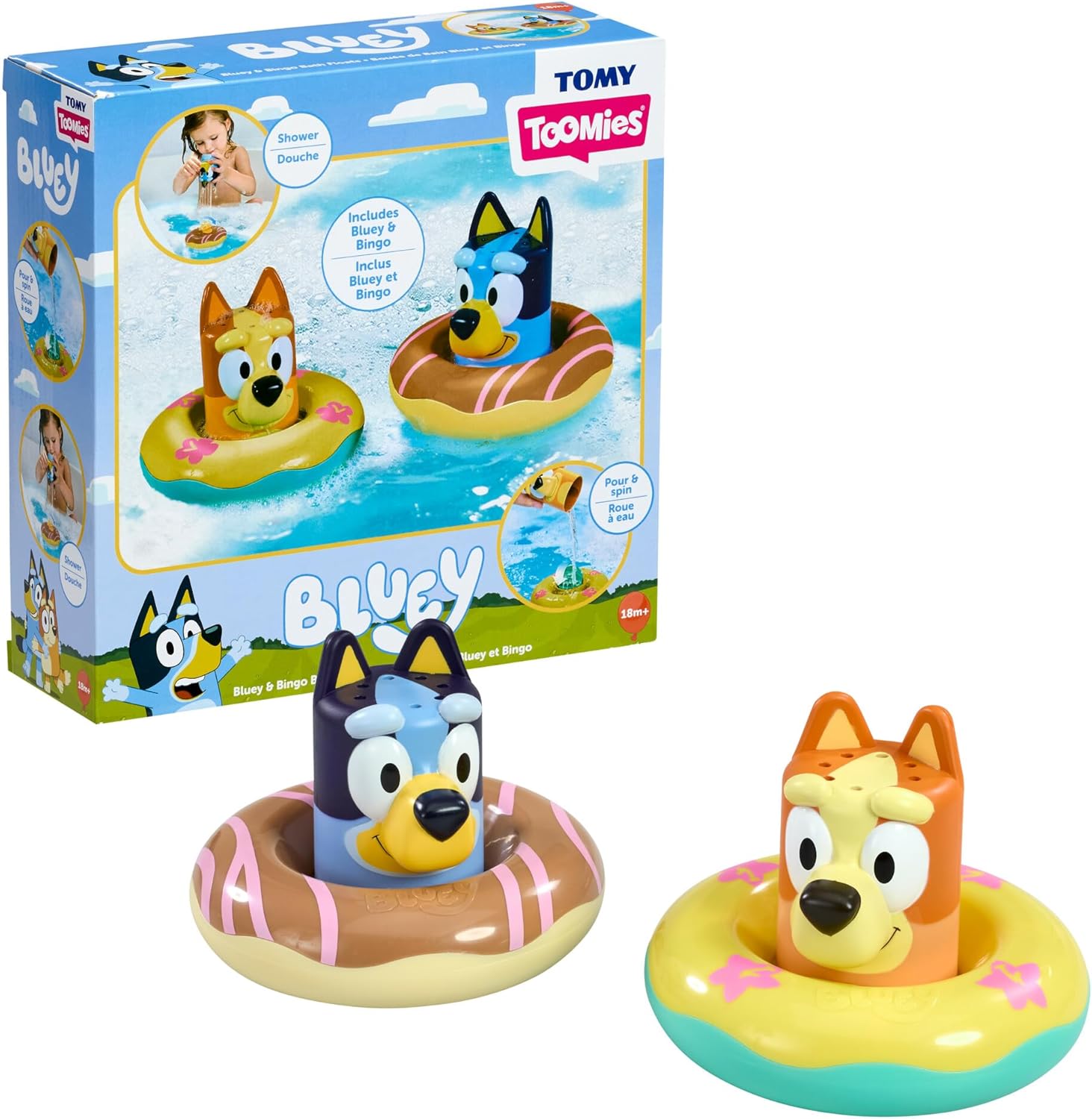 Toomies Bluey Bath Float 2 Pack | Pouring Cup Bluey and Bingo ToddlerBath Toys in Floating Pool Rings with Water Wheels | Officially Licensed BlueyToys | Toddler Toys for 18 Month Old Plus