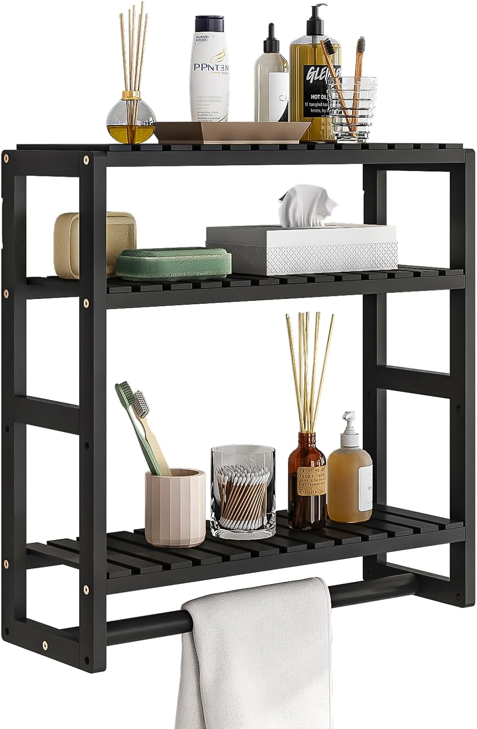 Bamworld Bathroom Shelf Storage Adjustable Bamboo shelf 3-Tiered Over Toilet Rack Bathroom Organizer for Space-Saving Wall Mount Stand Used in the Bathroom Kitchen Living Room (Black)