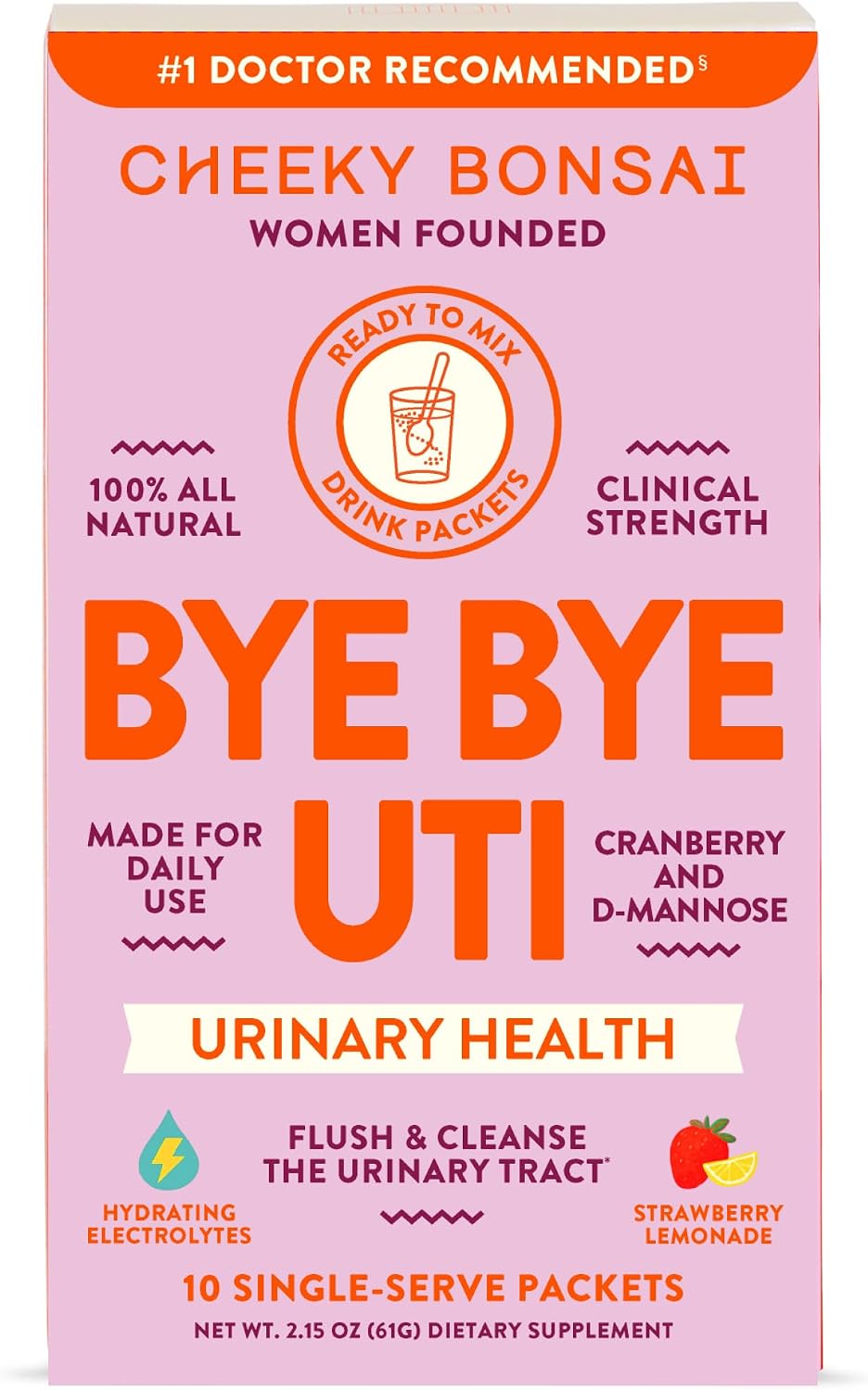 Cheeky Bonsai, Urinary Health Hydration Packets, Flush & Protect the Urinary Tract with D-Mannose, Cranberry & Electrolytes, Hibiscus Lemonade Flavor (10 Packets) No Added Sugar, Vegan and Gluten-Free