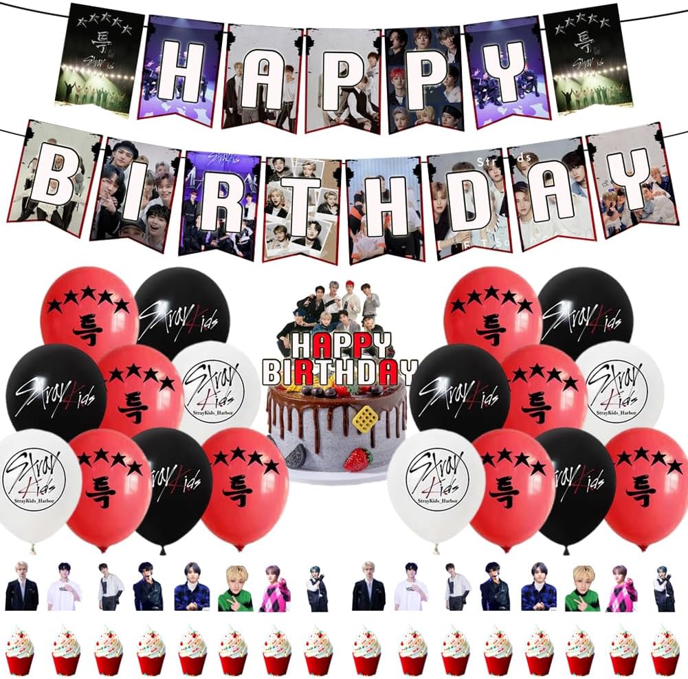36PCS Stray-K Party Balloon Decorations,Stray-K Theme Party Decorations Set Birthday Decorations Stray-K Balloons Happy Birthday Banner Cake Toppers for Kids Boy