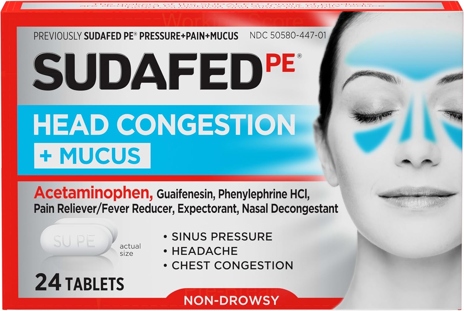 Sudafed PE Head Congestion + Mucus Relief Tablets, Non-Drowsy, 24 Ct
