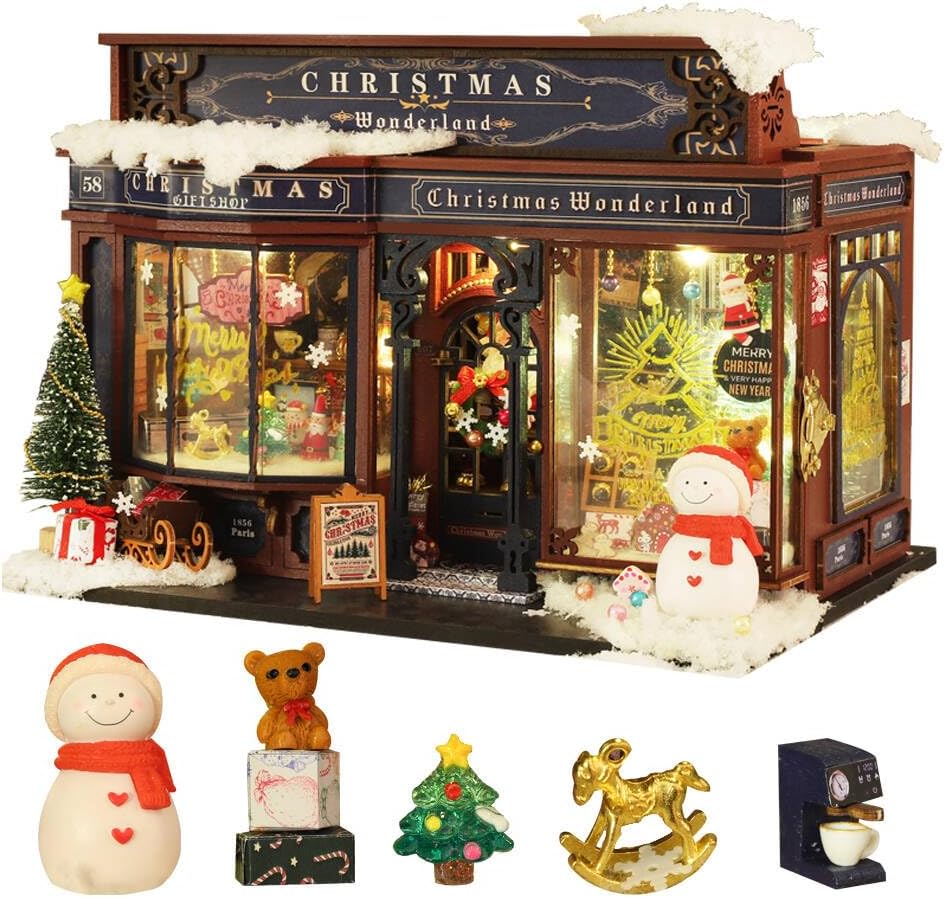 DIY Miniature Dollhouse Kit,Christmas Dolls House with Furniture Led Light Puzzle Model, 1:24 Scale Gift Shop Creative Room For Kid Teen Birthday Present