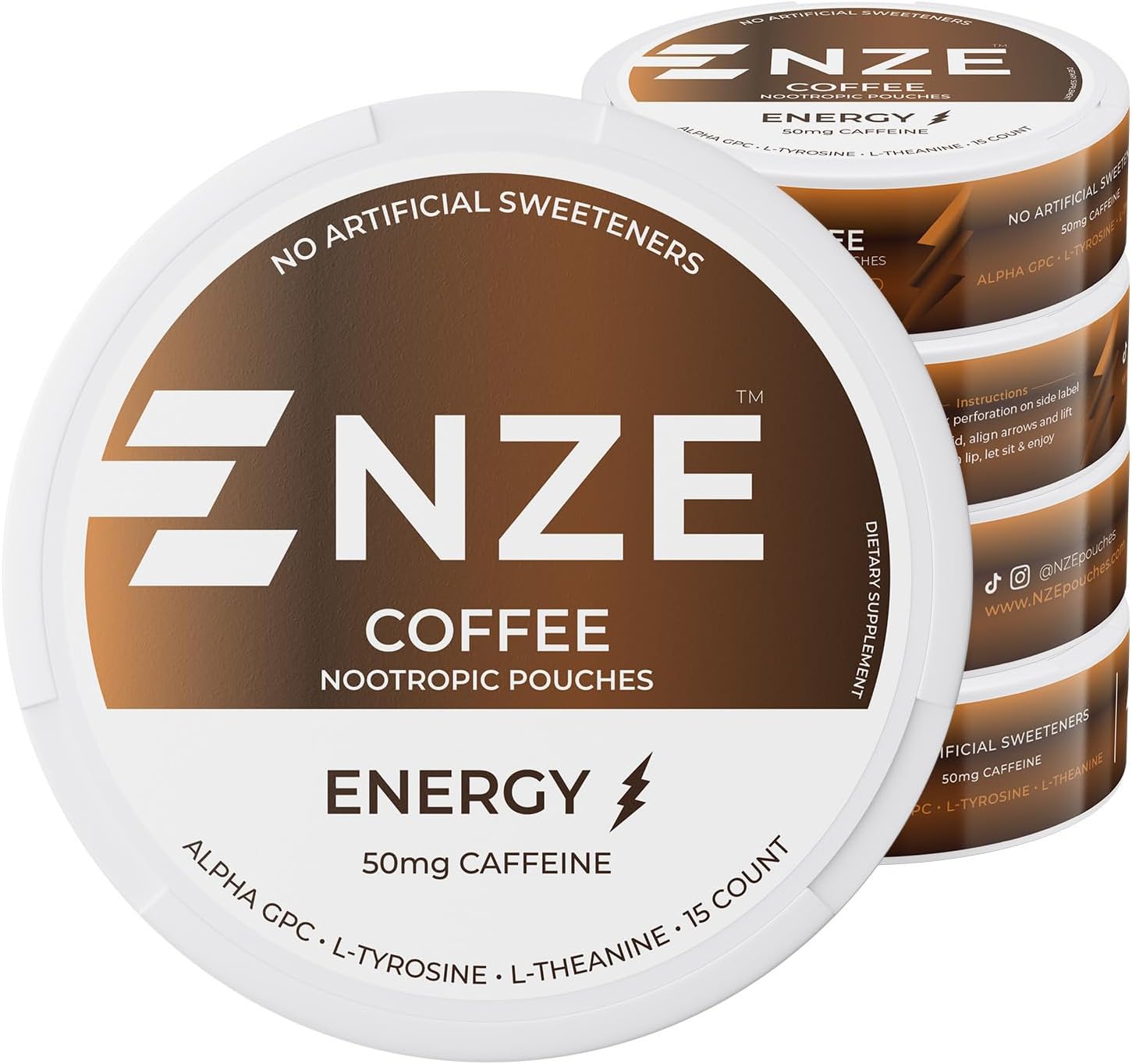 NZE Caffeine Nootropic Pouches (Coffee) - Energy Pouches with 50mg Caffeine, Alpha GPC, L-Tyrosine & L-Theanine - No Sugar or Artificial Sweeteners - 15 Nicotine Free Pouches Per Can - 5 Pack