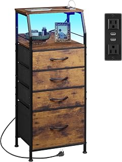 WLIVE 4 Drawer Dresser for Bedroom, Nightstand with Charging Station and Led Light, Tall Night Stand Bed Side Table, End Table with USB Ports and Outlets, Fabric Bins, Wood Shelf, Rustic Brown