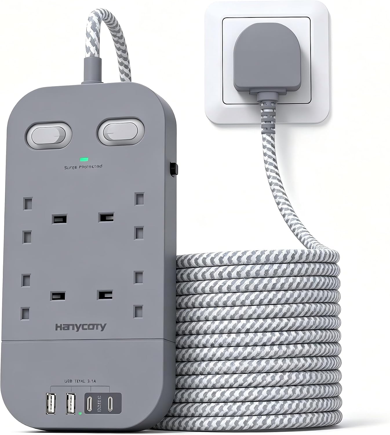 Gray Extension Lead 5M, 4 Way Plug Extension with 4 USB Slots(2 USB C)