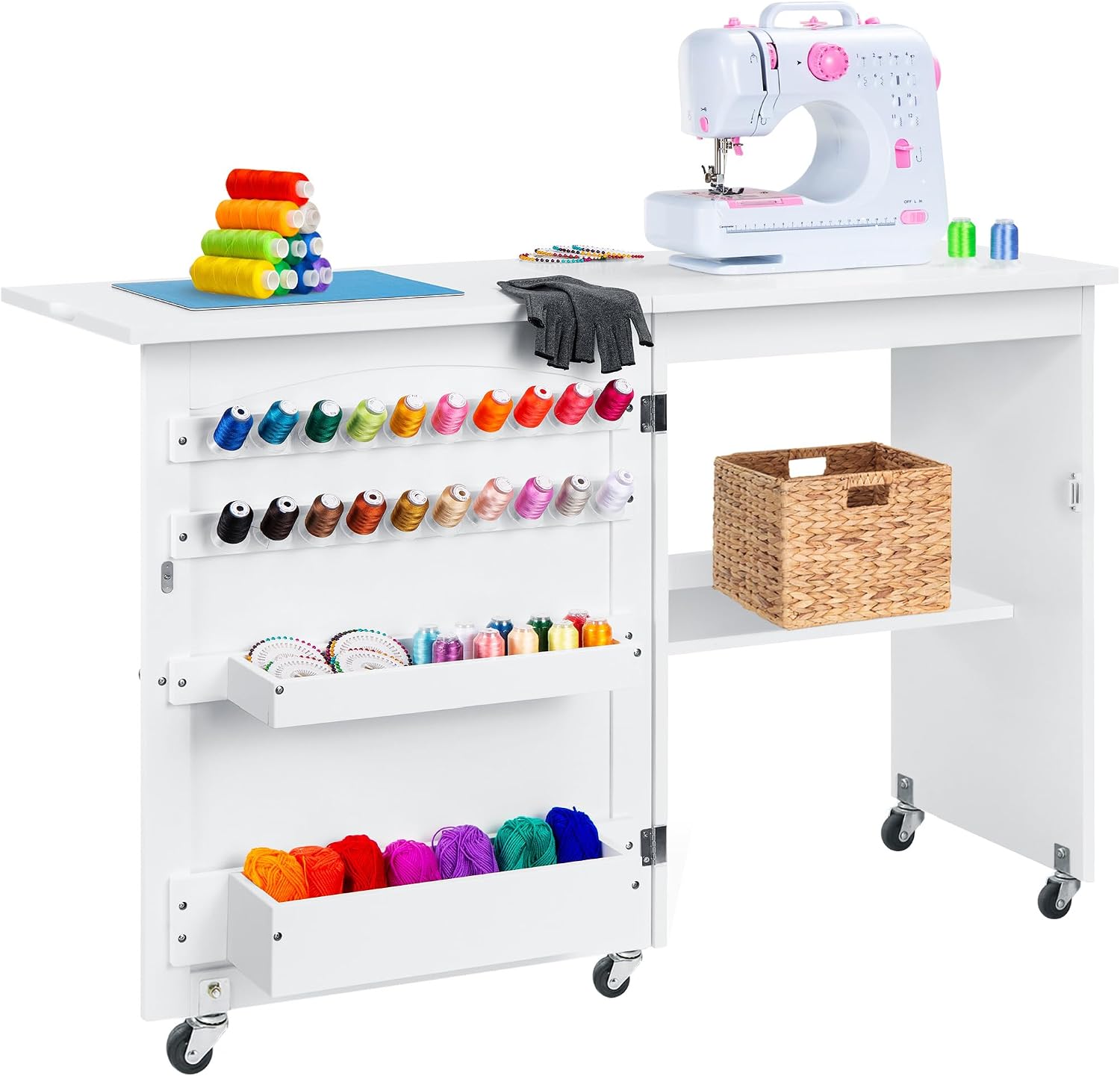 Best Choice Products Folding Sewing Table Multipurpose Craft Station & Side Desk with Compact Design, Wheels, Shelves, Storage Trays, Pegs, Magnetic Doors, Metal Doorknobs - White