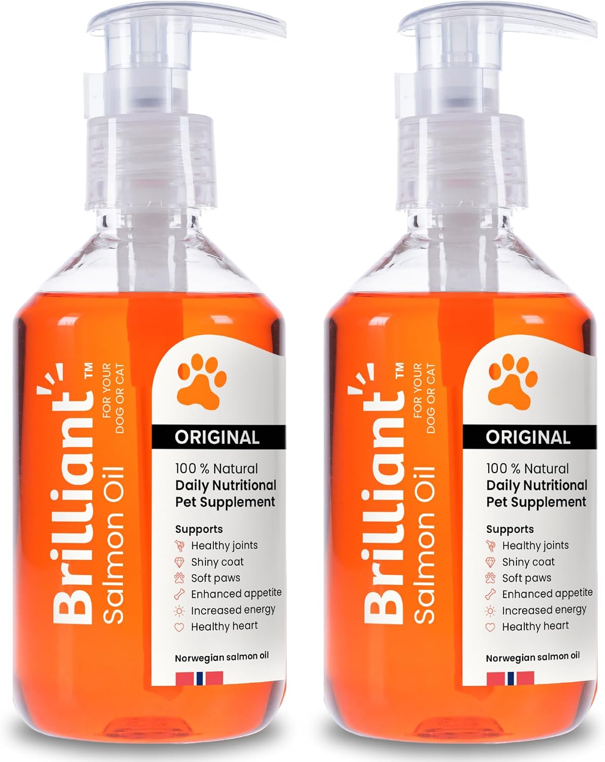 Brilliant Norwegian Salmon Oil for Dogs, Cats, Horse, Ferret - Pure Omega 3, 6 & 9 Fish Oil Food Treats Supplement for Natural Coat, Immune Support, Itchy Skin, Joint & Brain Health - 2x300ml