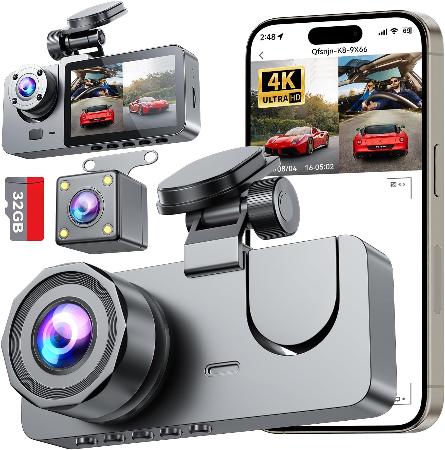 Dash Cam Front and Rear, 4K+1080P Dash Camera Included 32GB SD Card, Dash Camera for Cars, 3 Channel Dashcam with Night Vision, G-Sensor, 24H Parking Mode, 170°Wide Angle, Loop Recording