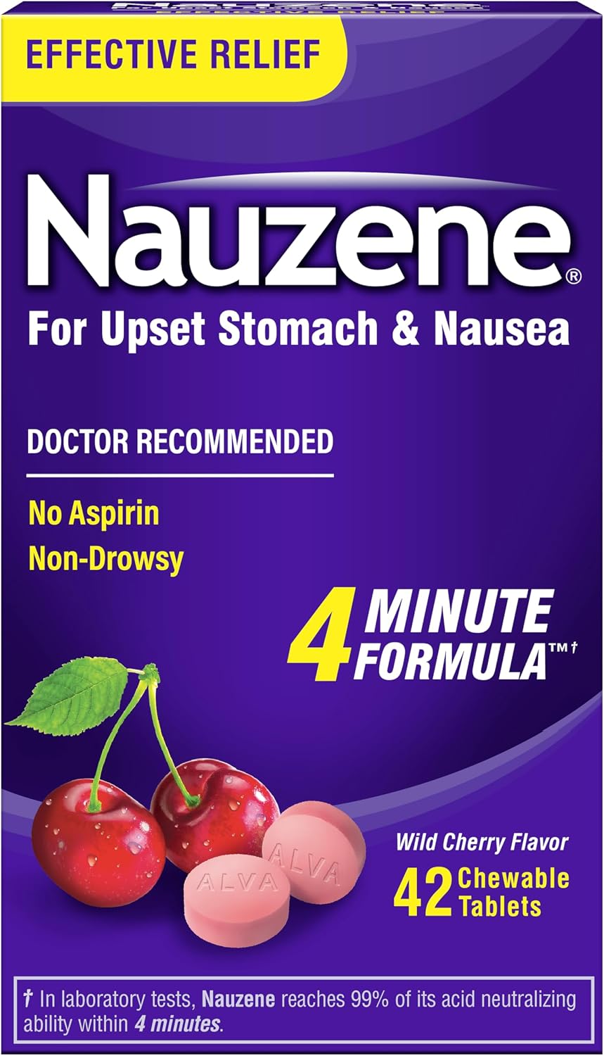 Nauzene Non-drowsy Upset Stomach & Nausea Relief Chewable Tablets - Fast-Acting Relief in 4 Minutes - Doctor Recommended - Wild Cherry Flavor, 42 ct
