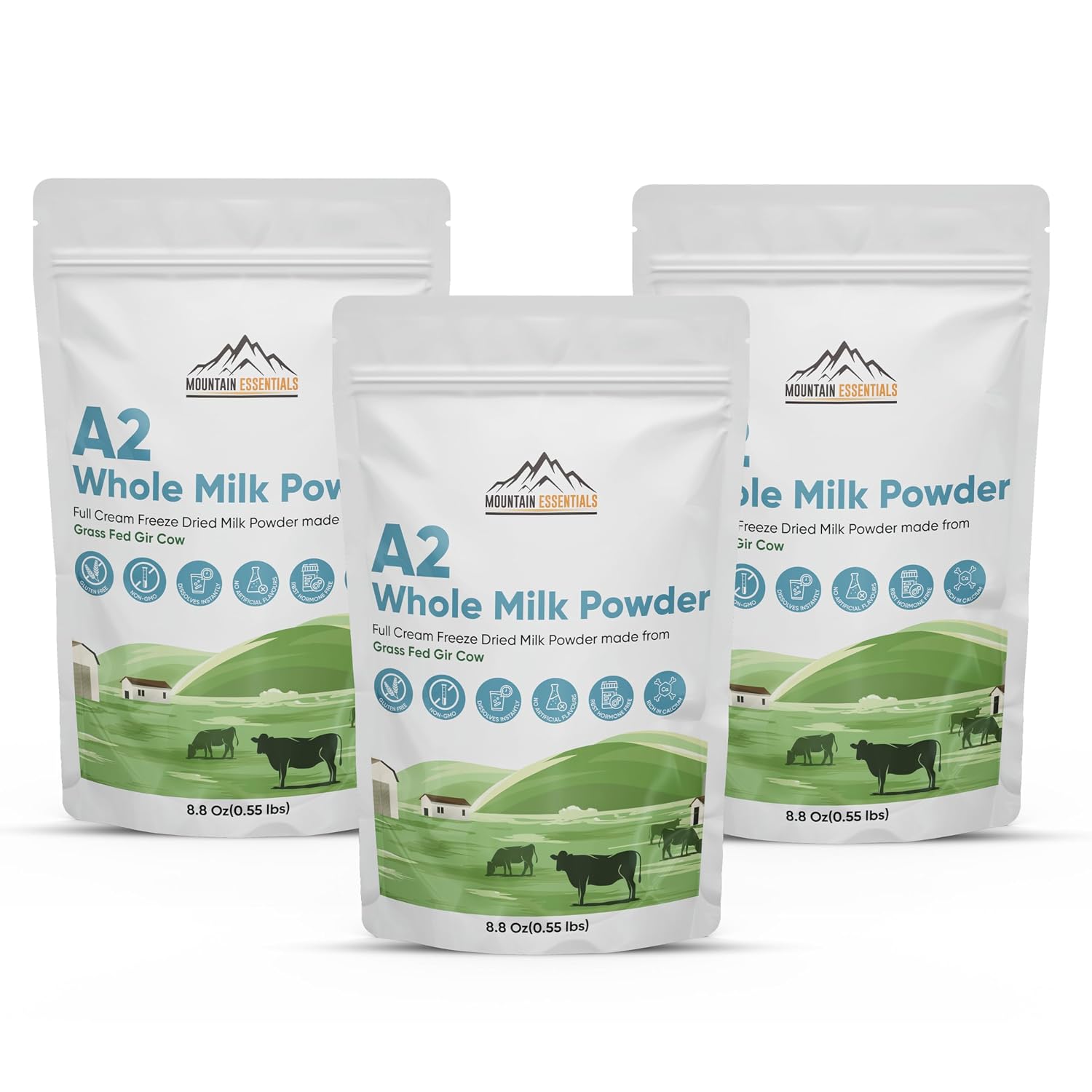 MOUNTAIN ESSENTIALS A2 whole milk powder 8.8 oz – full cream, freeze dried powdered milk – gluten free, shelf stable, non-GMO – made from grass-fed Gir cow – for cooking & baking – pack of 3
