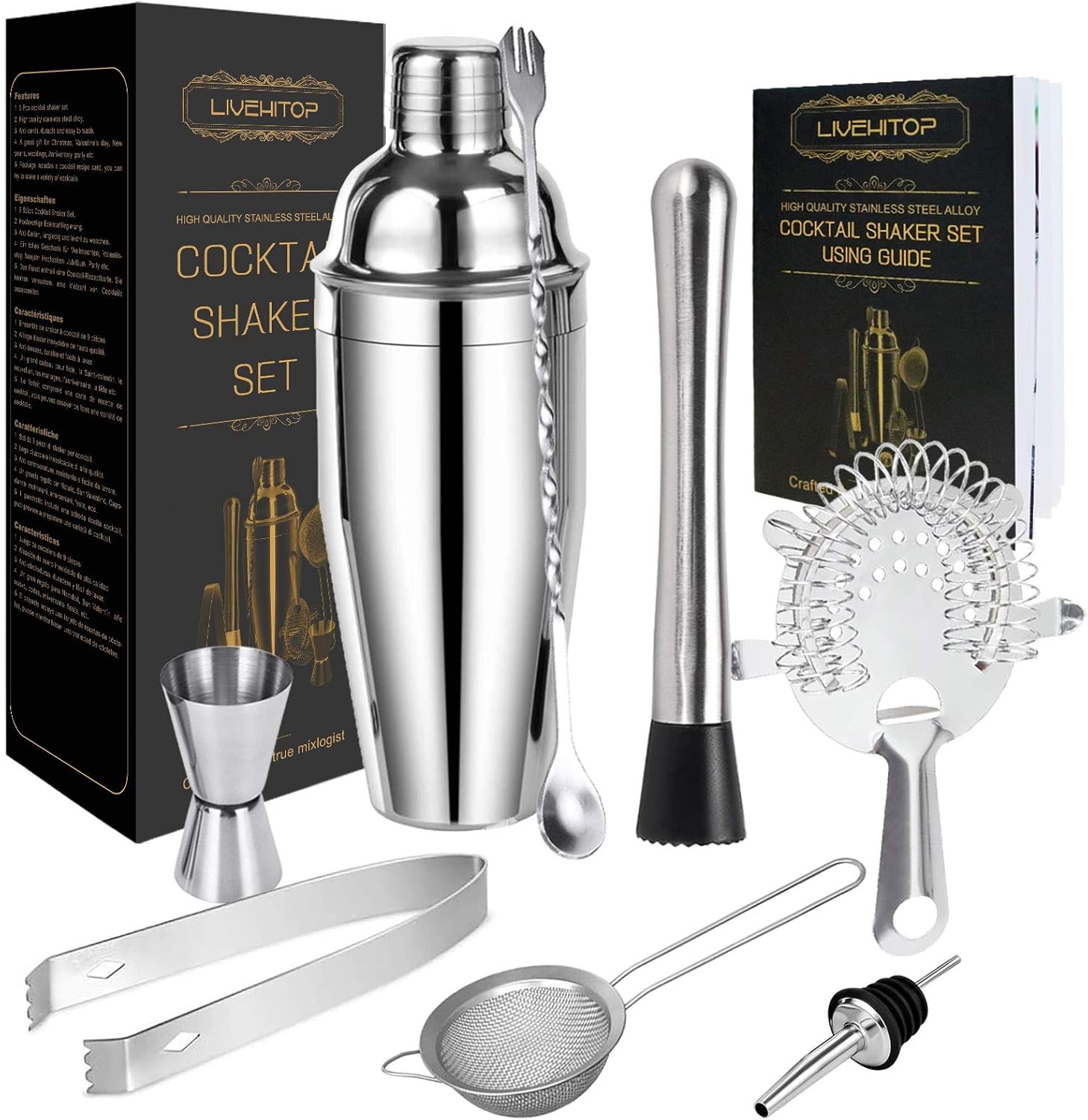 LIVEHITOP Cocktail Making Set, 9Pcs Stainless Steel Bartender Kit Professional Cocktail Shaker Set with 750ML Boston Shaker for Home, Bar, Party