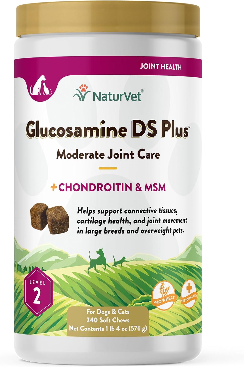 NaturVet – Glucosamine DS Plus - Level 2 Moderate Care – Supports Healthy Hip & Joint Function – Enhanced with Glucosamine, MSM & Chondroitin – for Dogs & Cats – 240 Soft Chews
