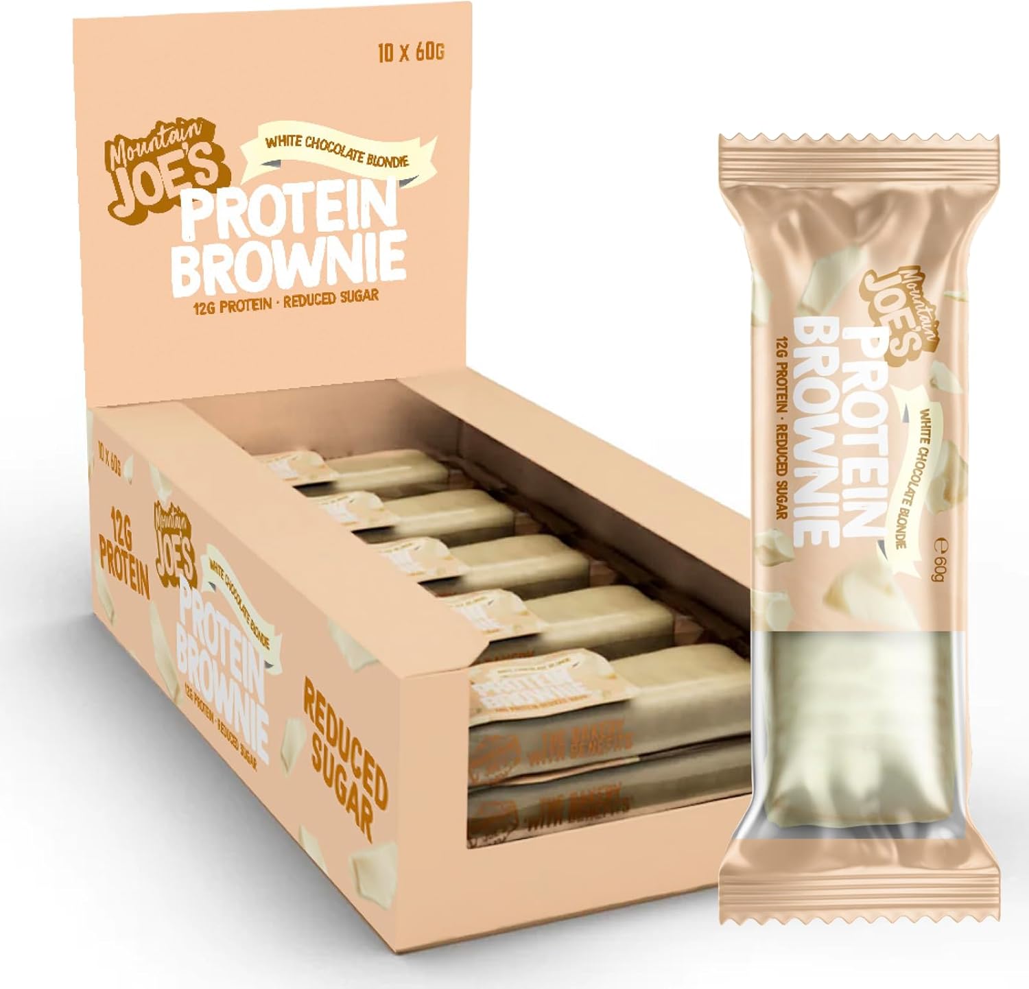 Mountain Joes On-the-Go Soft-Baked Protein Brownie | High Protein with Fibre, Reduced Sugar Bar with 11g Protein | Nutritional & Healthy Gym Snack Bar | Box of 10 x 60g (Box, White Chocolate Blondie)