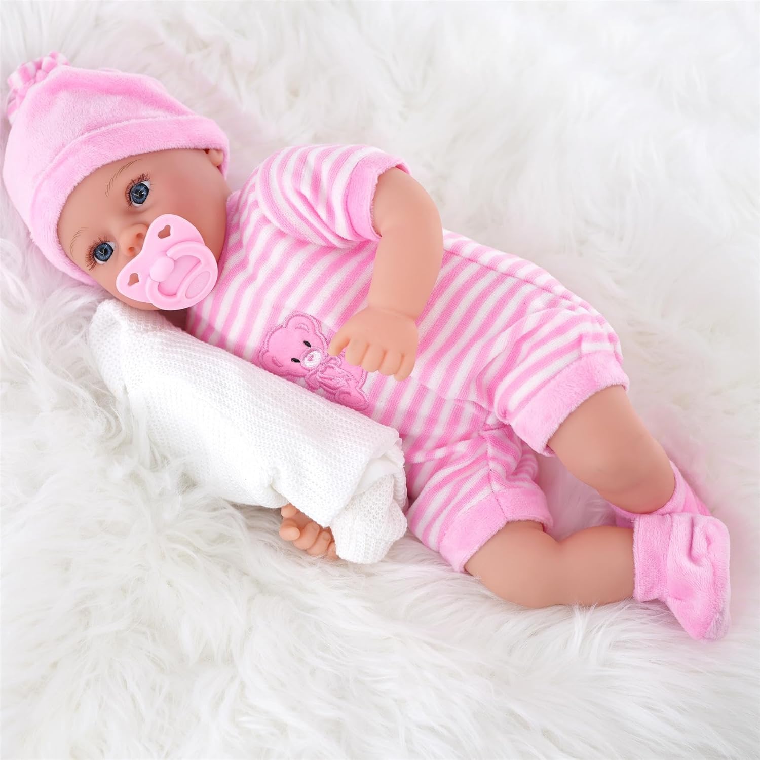 The Magic Toy Shop BiBi Doll 18-Inch Baby Doll Petal with 16 Baby Sounds – Realistic Newborn Girl with Dummy, Soft Vinyl Body & Pink Outfit – for Girls and Boys Age 18 Months+