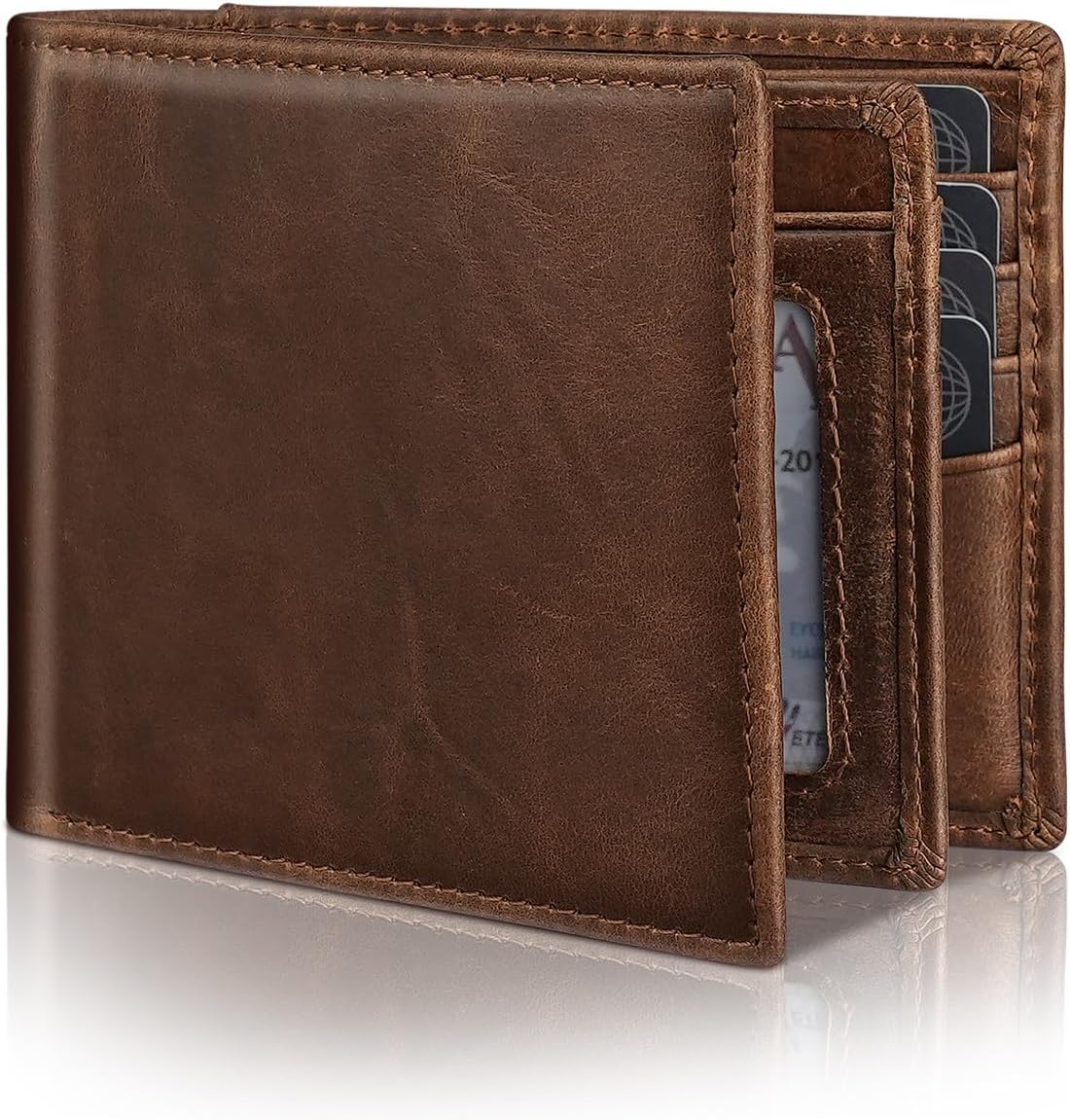 Serovi Mens Genuine Leather Bifold RFID Blocking Wallet with 14 Card Slots, ID Window & 2 Cash Pocket - Includes Gift Box