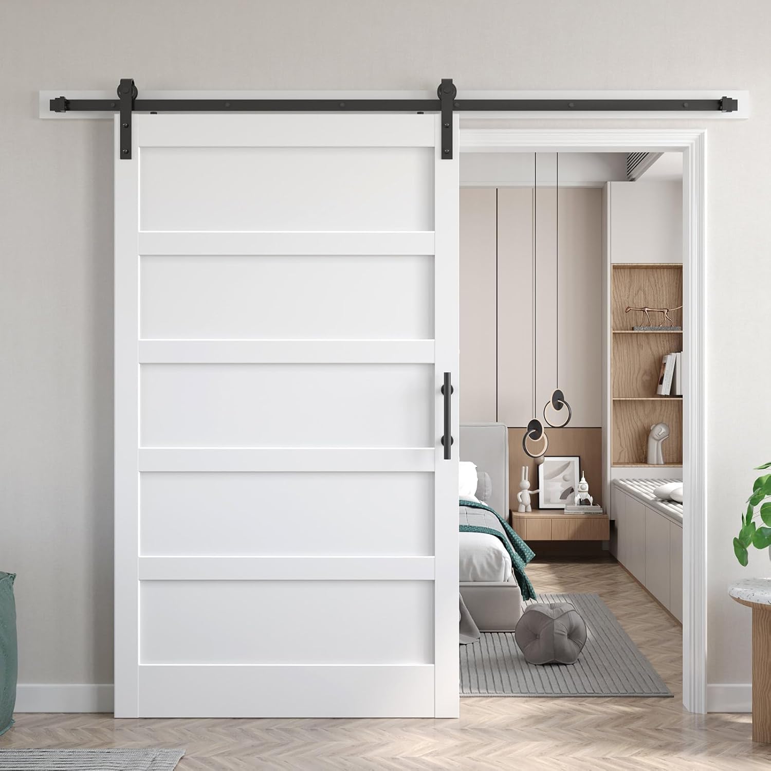 Fredbeck 48x80 inch White Barn Door with 8FT Sliding Barn Door Hardware Kit Included,DIY Assembly,Water-Proof,5-Panel๏ผFit 45in-47in Opening