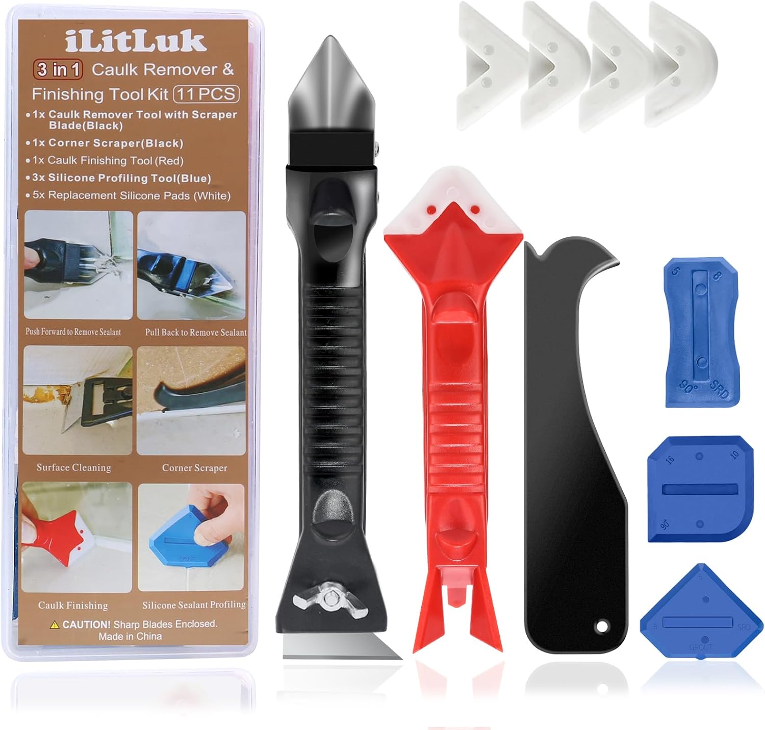 Caulk Tool Kit for Removal and Application Caulking Spatula Grout Stripper Tool Grout Remover Angle Carbide Scraper Caulking Tips Tool with Caulk Application Tool and Silicone Finishing Tools
