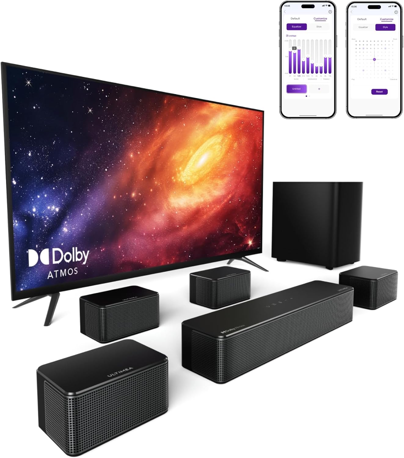 ULTIMEA 7.1Ch Soundbar with Dolby Atmos, APP Control, Surround Sound System for TV, 4 Wired Surround Speakers, Sound Bar with 6.5" Wireless Subwoofer, Soundbar for TV, Poseidon D80