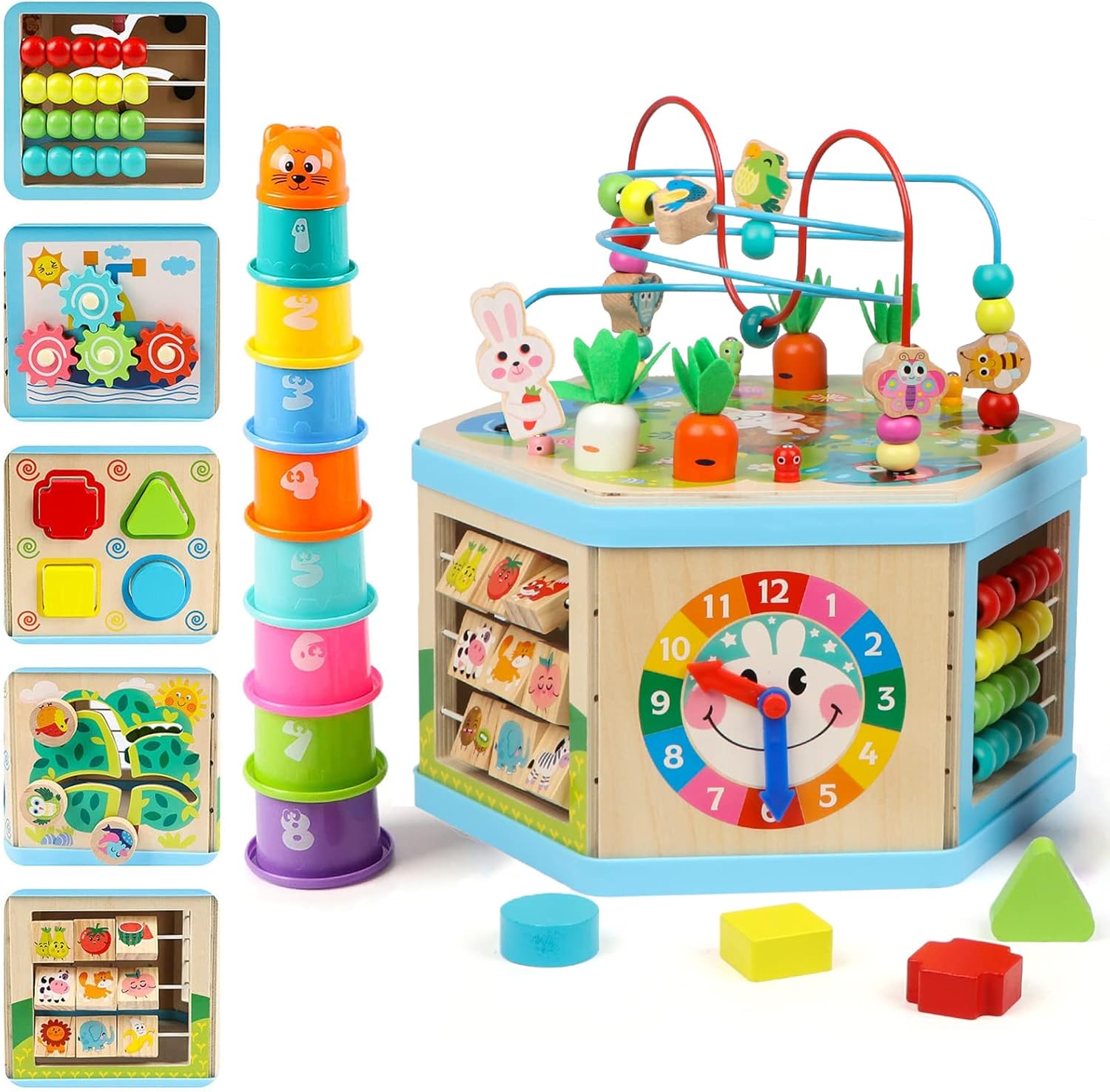 Jacootoys Wooden Activity Cube, 7-in-1 Wooden Activity Table Educational Centre Bead Maze Sorting Toy for Kids Babies Boys Girls