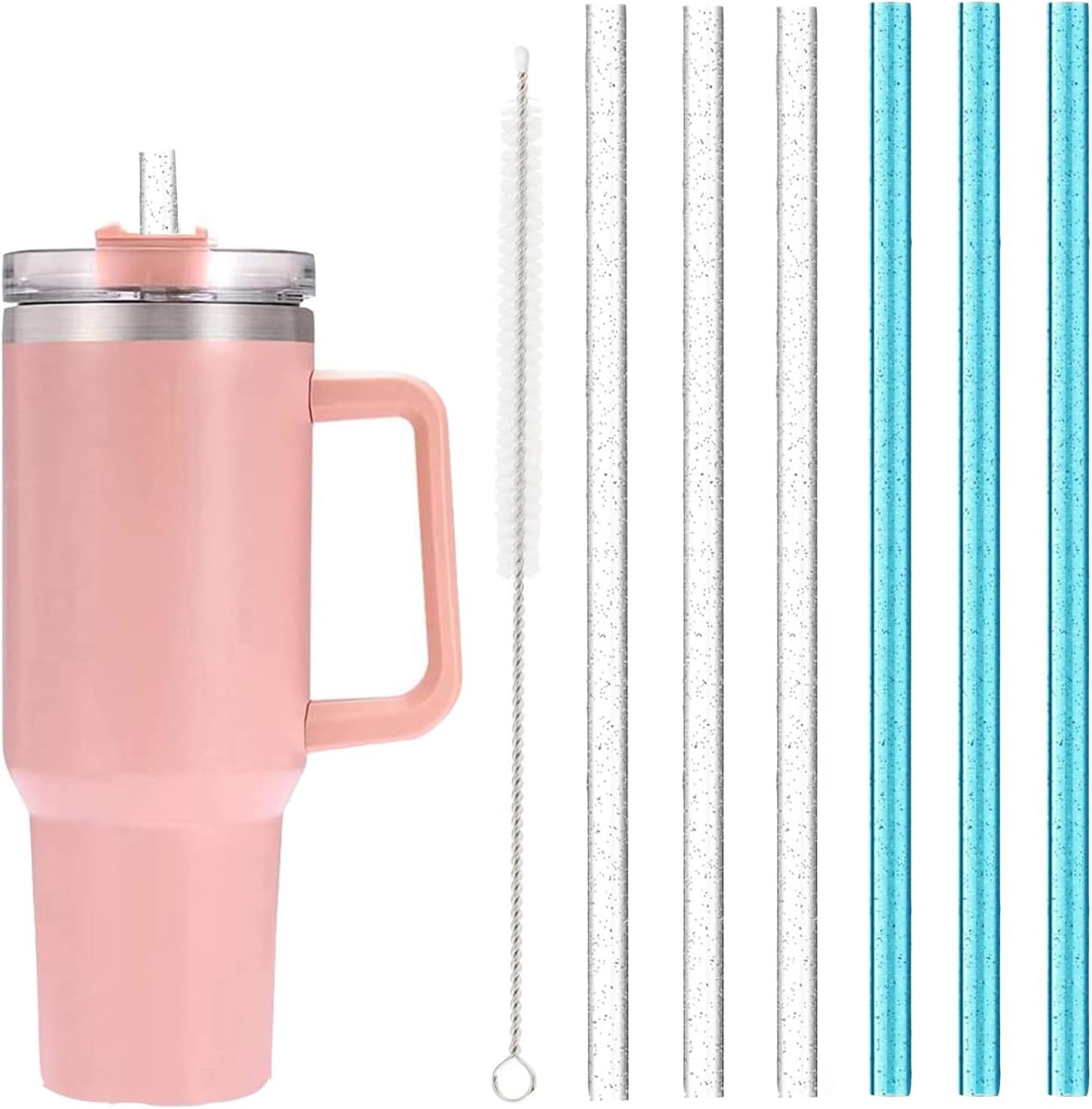 6 Pack Replacement Straws with Cleaning Brush Compatible Stanley 40 oz 30 oz Tumbler, Plastic(Clear+Blue)