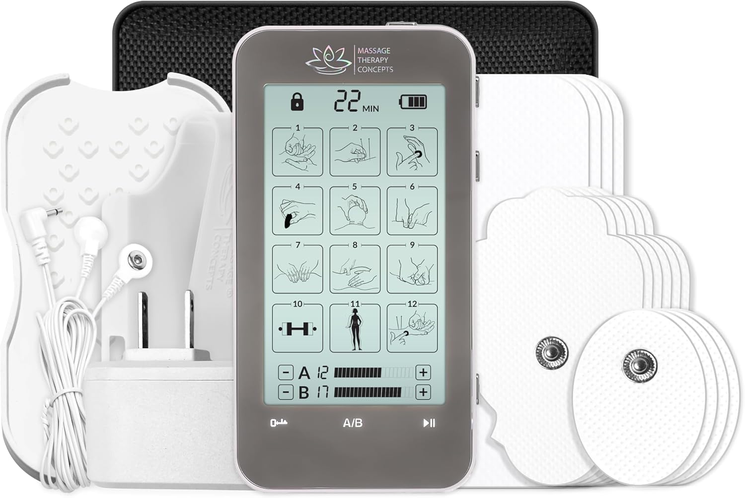 Massage Therapy Concepts Deluxe TENS Unit Muscle Stimulator & Accessories - Rechargeable EMS Machine for Neck & Back Pain Relief, Sciatica - Electrotherapy with 12 Modes & 20 Intensity Levels