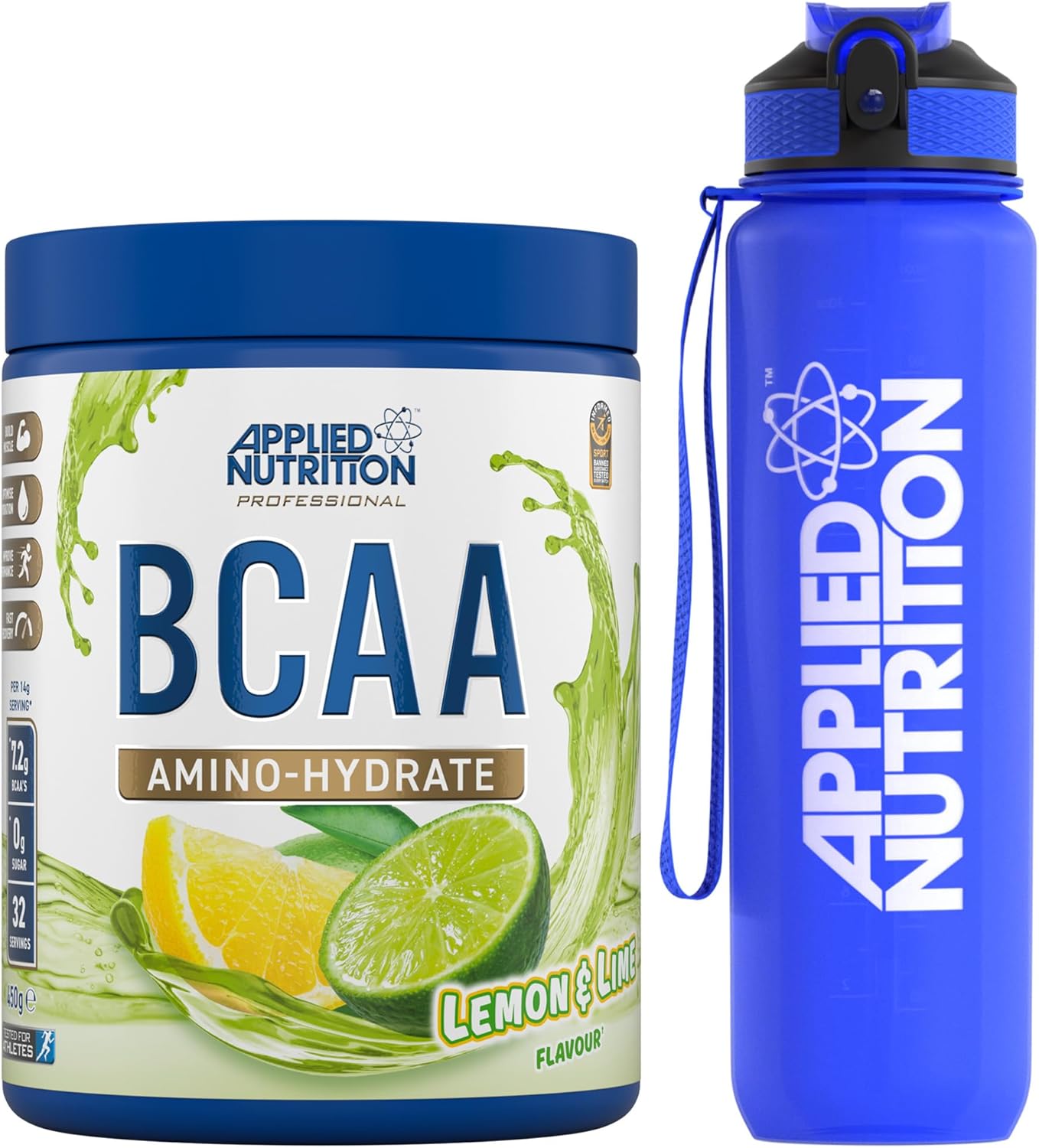 Applied Nutrition Bundle: BCAA Powder 450g + Lifestyle Water Bottle 1000ml | Branched Chain Amino Acids BCAAs Supplement, Intra Workout & Recovery (450g - 32 Servings) (Green Apple)