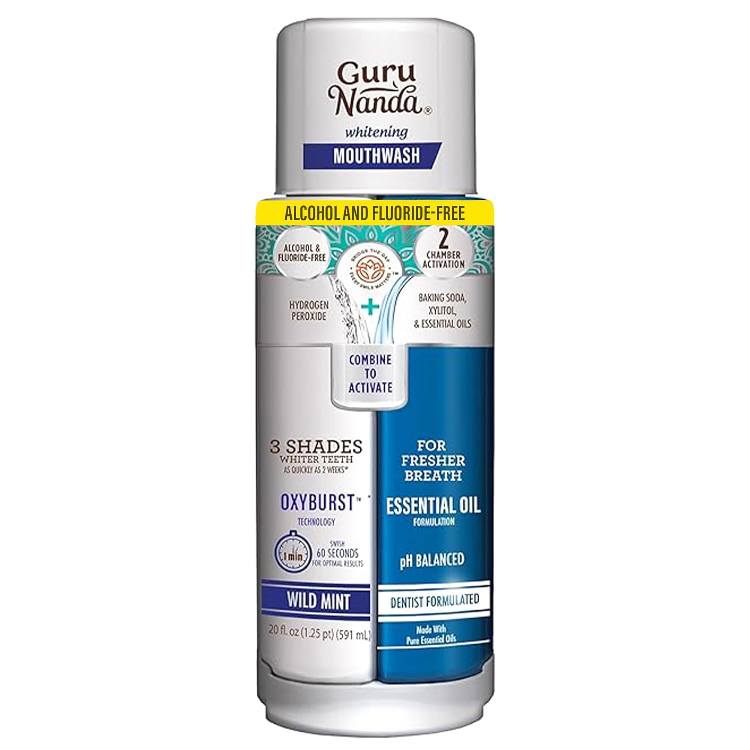 GuruNanda Teeth Whitening Dual Barrel Oxyburst Mouthwash - Alcohol & Fluoride Free, Hydrogen Peroxide to Promote Whiter Teeth - Wild Mint - 20 Fl Oz