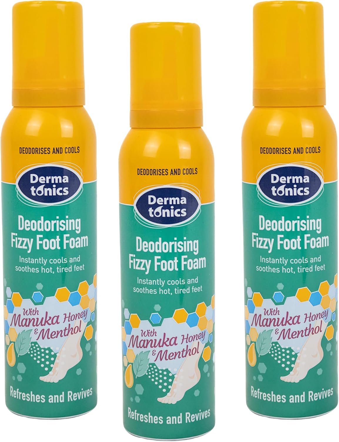 Dermatonics Deodorising Fizzy Foot Foam with Menthol, 150ml, Pack of 3