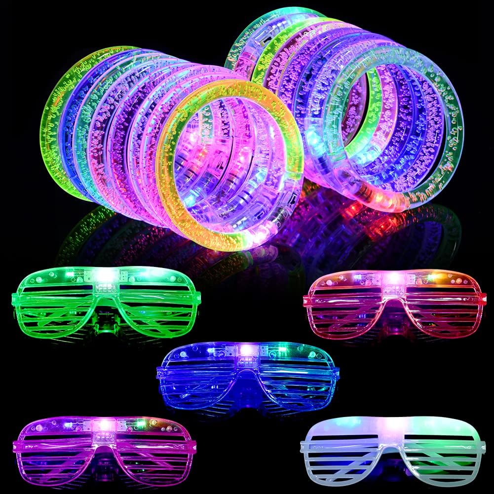 AUAUY 15PCS LED Light Up Toy Party Favors, LED Bracelets Set with LED Light Up Glasses, Glow In The Dark Party Supplies Bulk for Kids and Adults, Thanksgiving Christmas Birthday(10Bracelets+5Glasses)